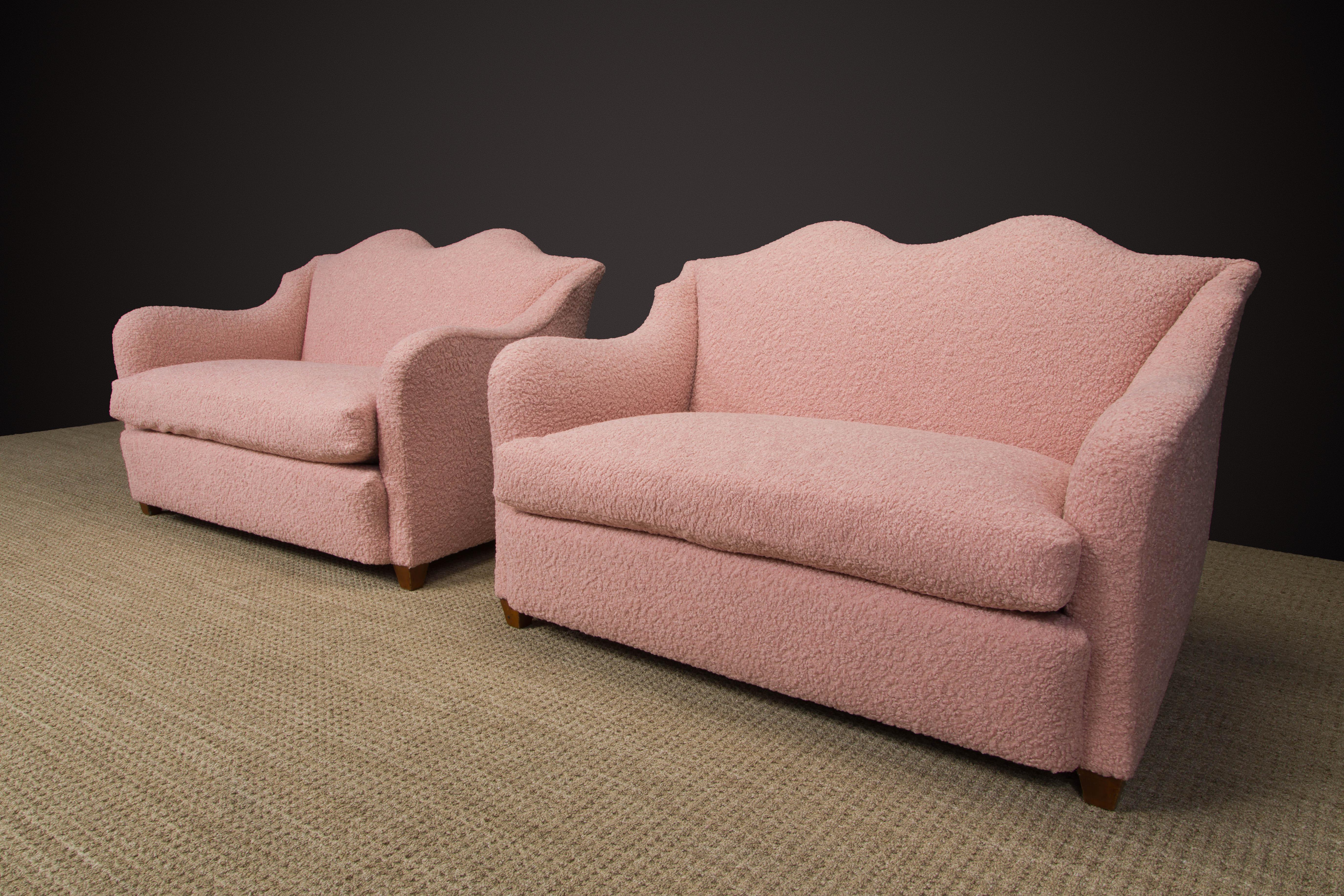 Mid-Century Modern Important Maison Jansen Loveseat Reupholstered in Pink Bouclé, c. 1930s, Signed  For Sale