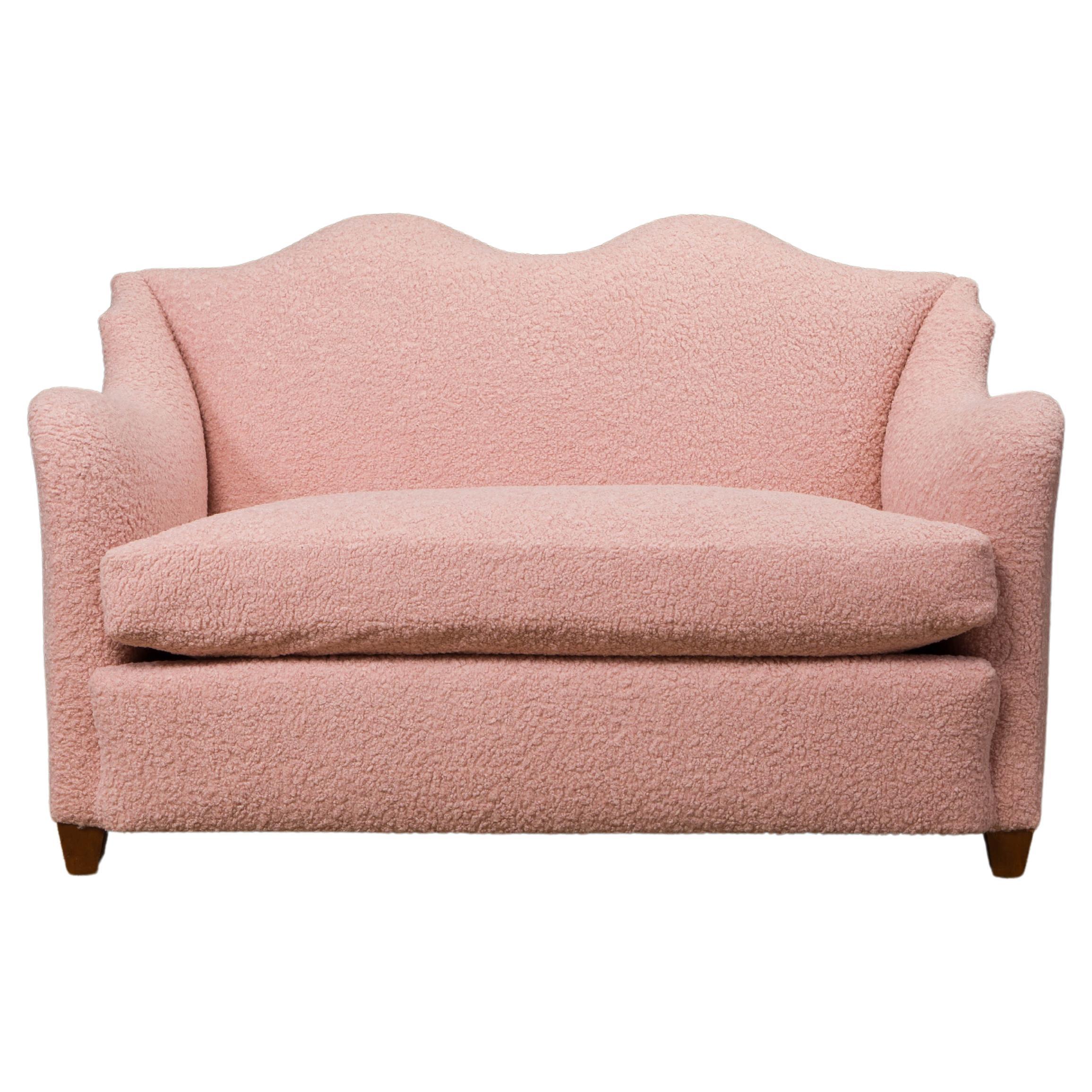 Important Maison Jansen Loveseat Reupholstered in Pink Bouclé, c. 1930s, Signed 