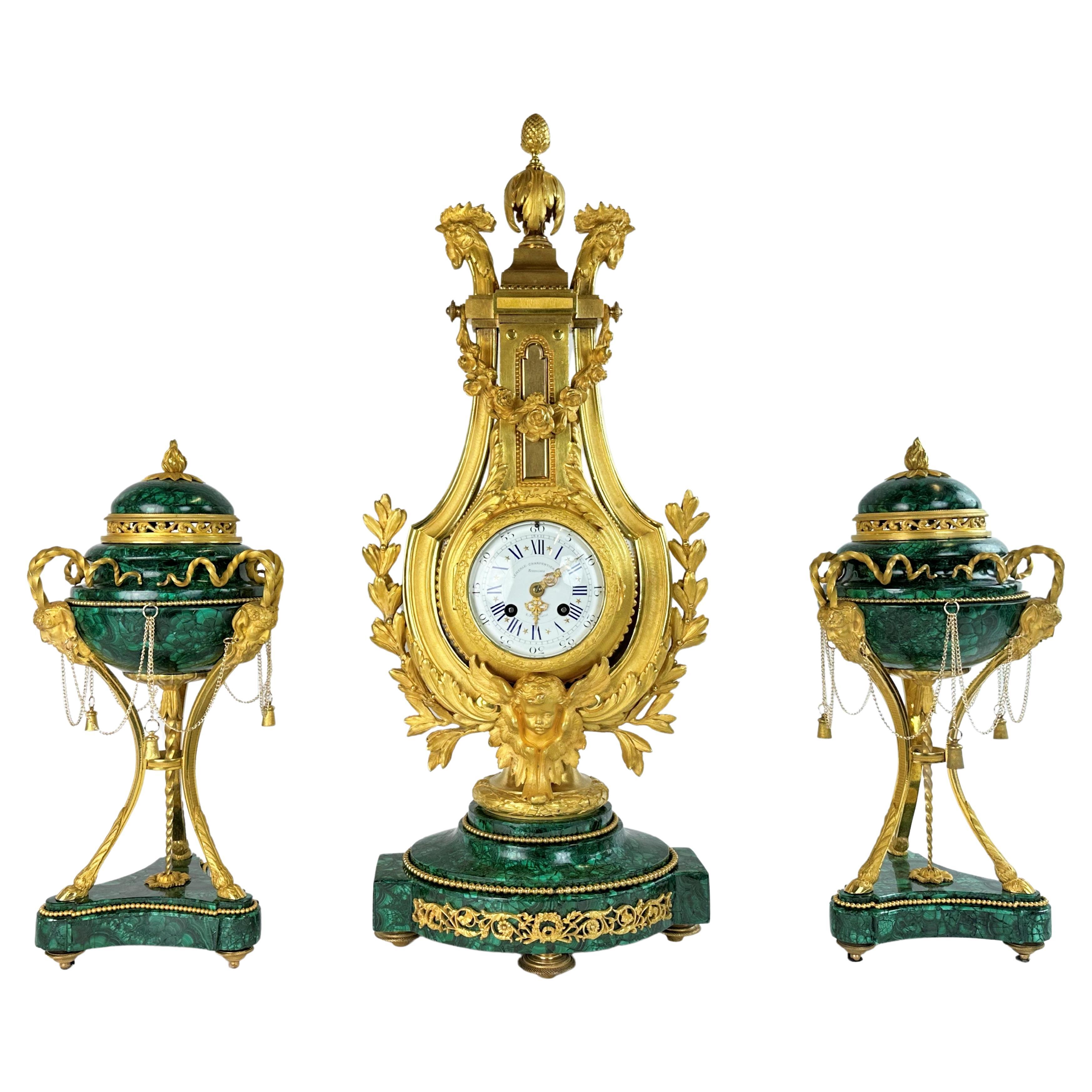 Important Malac Clockset Charpentier a Paris Louis XVI Style For Sale
