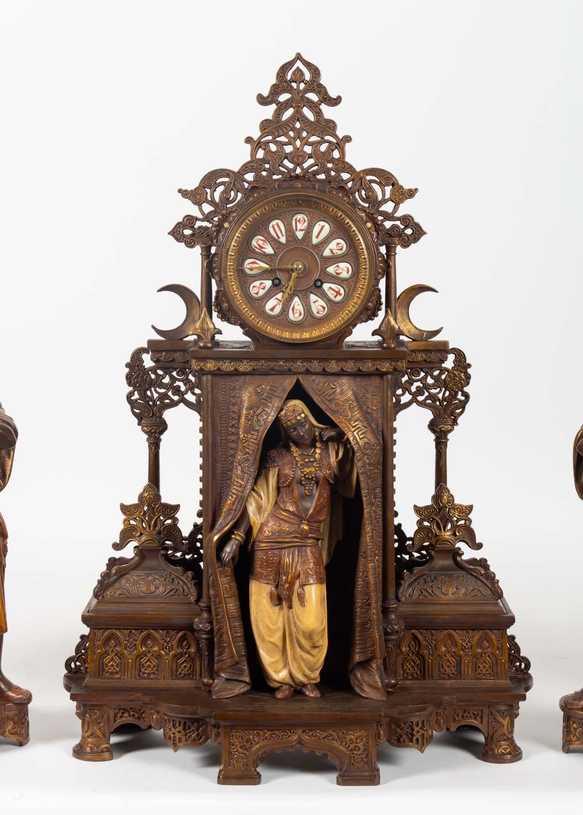 Napoleon III Important Mantel Clock to the Ostrich Hunters, in Polychrome Rule, Vienna