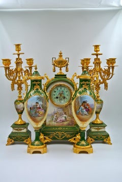 Important Mantel Set in Painted and Gilded Bronze Porcelain