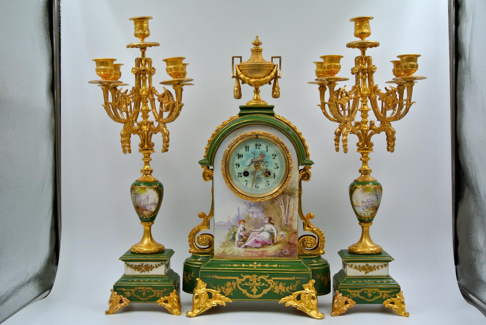 Napoleon III Important Mantel Set in Painted and Gilded Bronze Porcelain