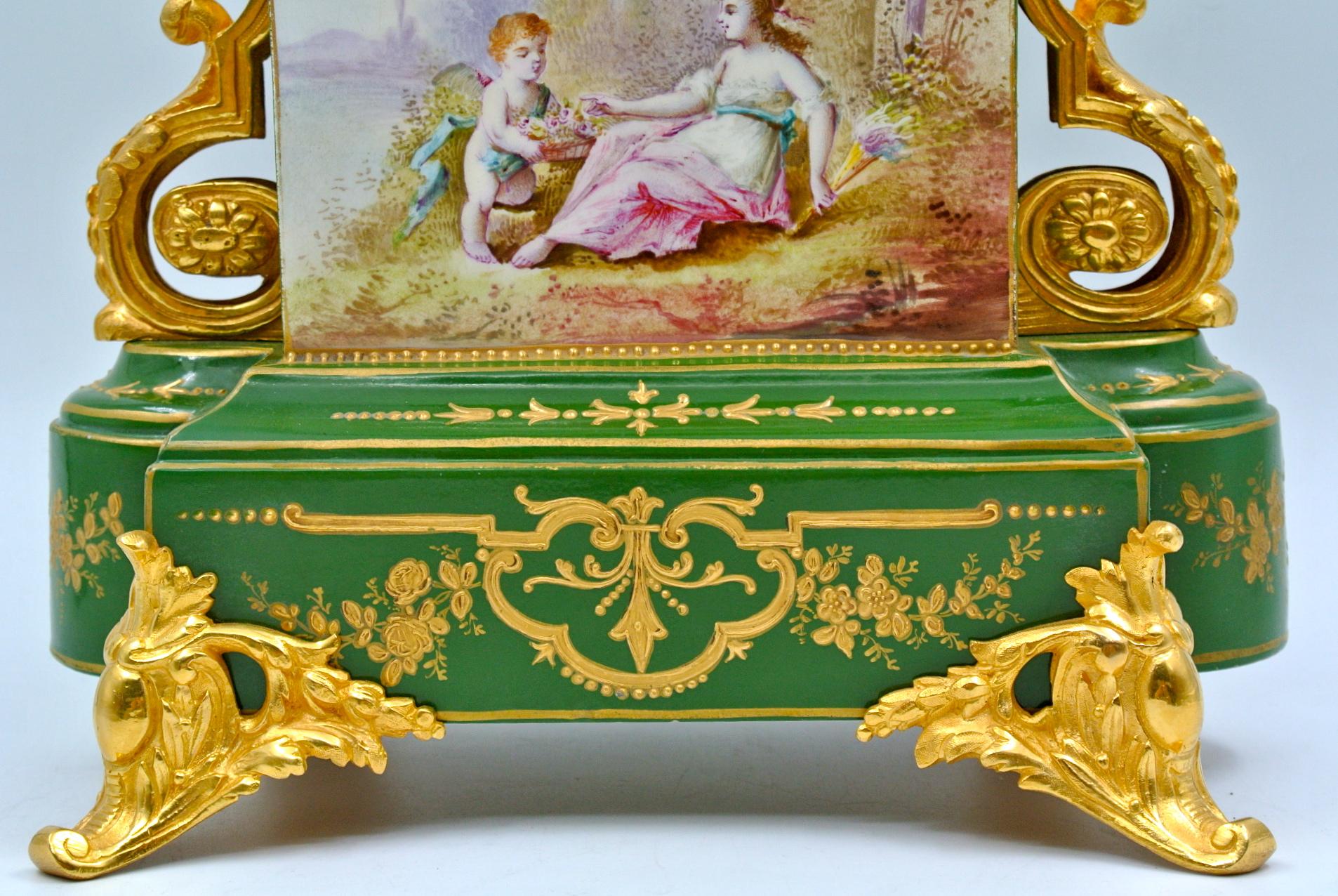 19th Century Important Mantel Set in Painted and Gilded Bronze Porcelain