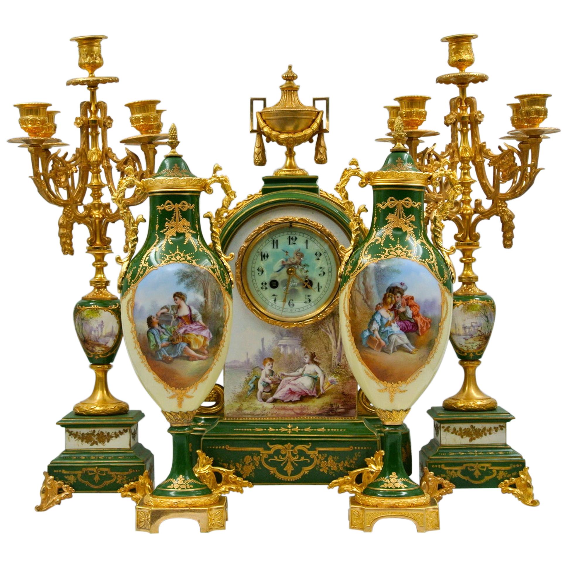 Important Mantel Set in Painted and Gilded Bronze Porcelain
