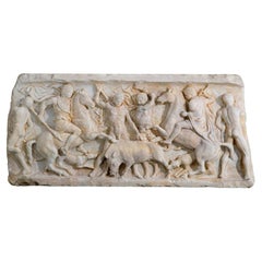 Antique Important Marble High Relief "BOAR HUNT" 18th Century