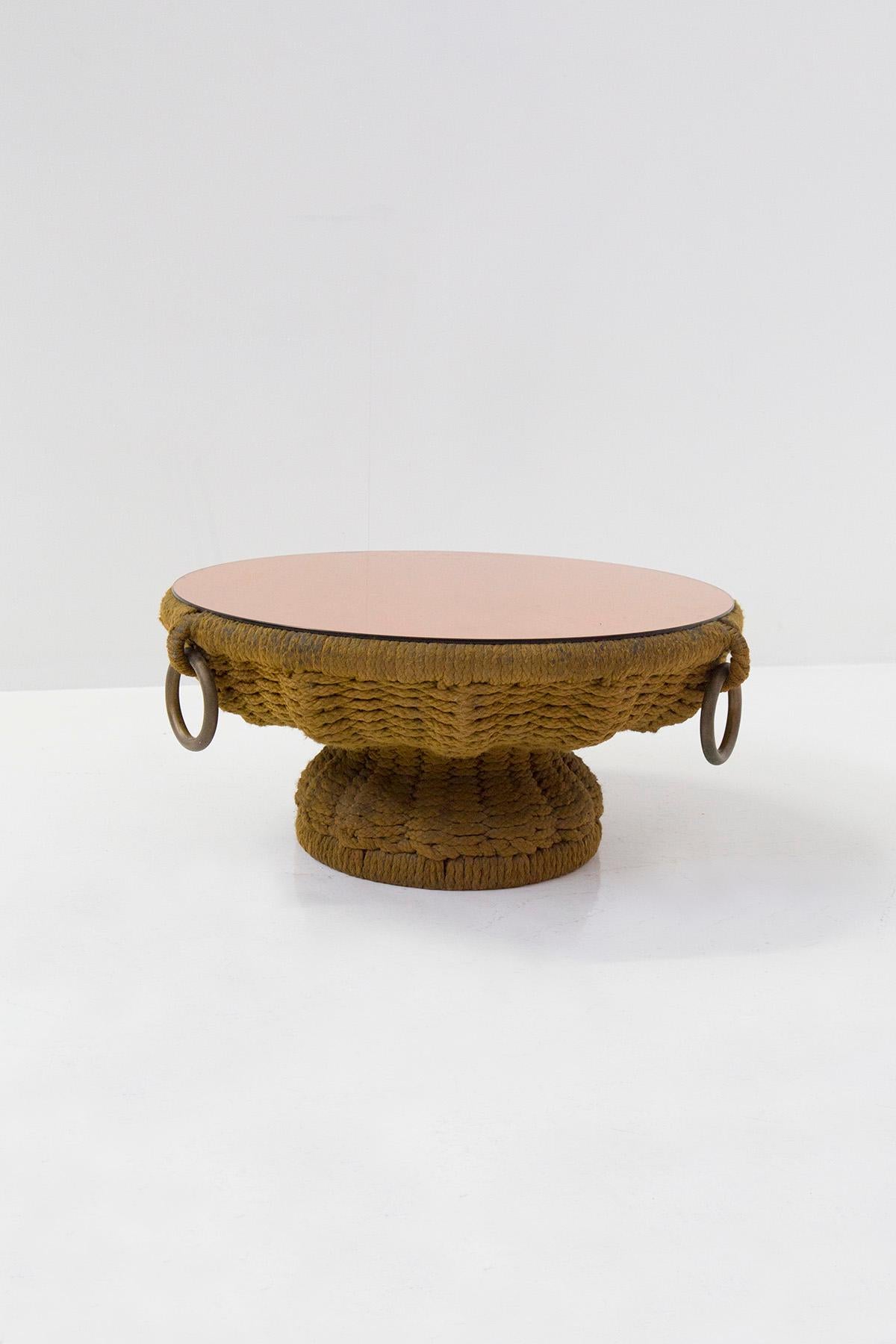 Mid-Century Modern Important Table basse Marzio Cecchi en corde et miroir rose en vente