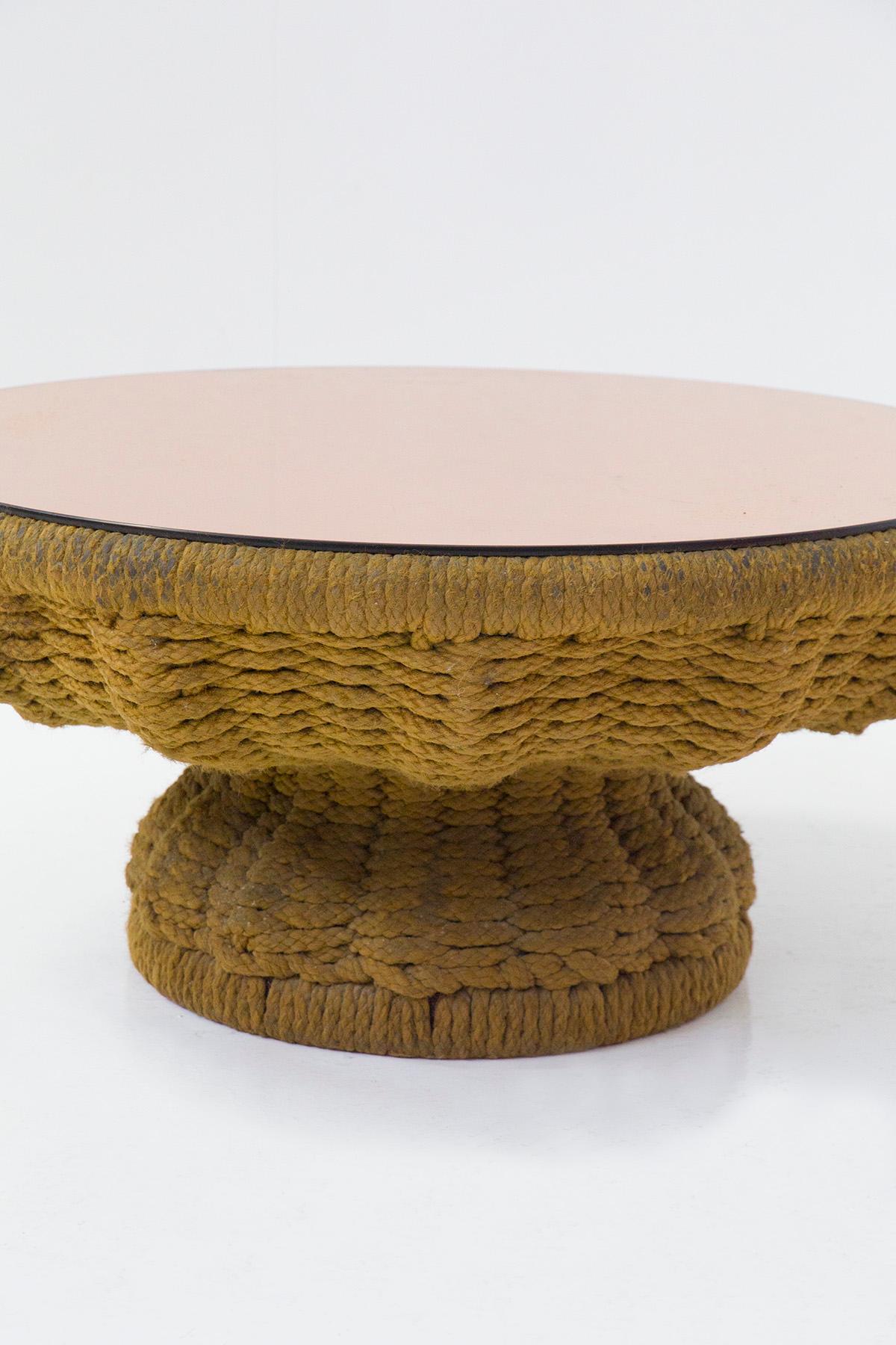 Italian Important Marzio Cecchi Coffee Table in Rope and Pink Mirror For Sale