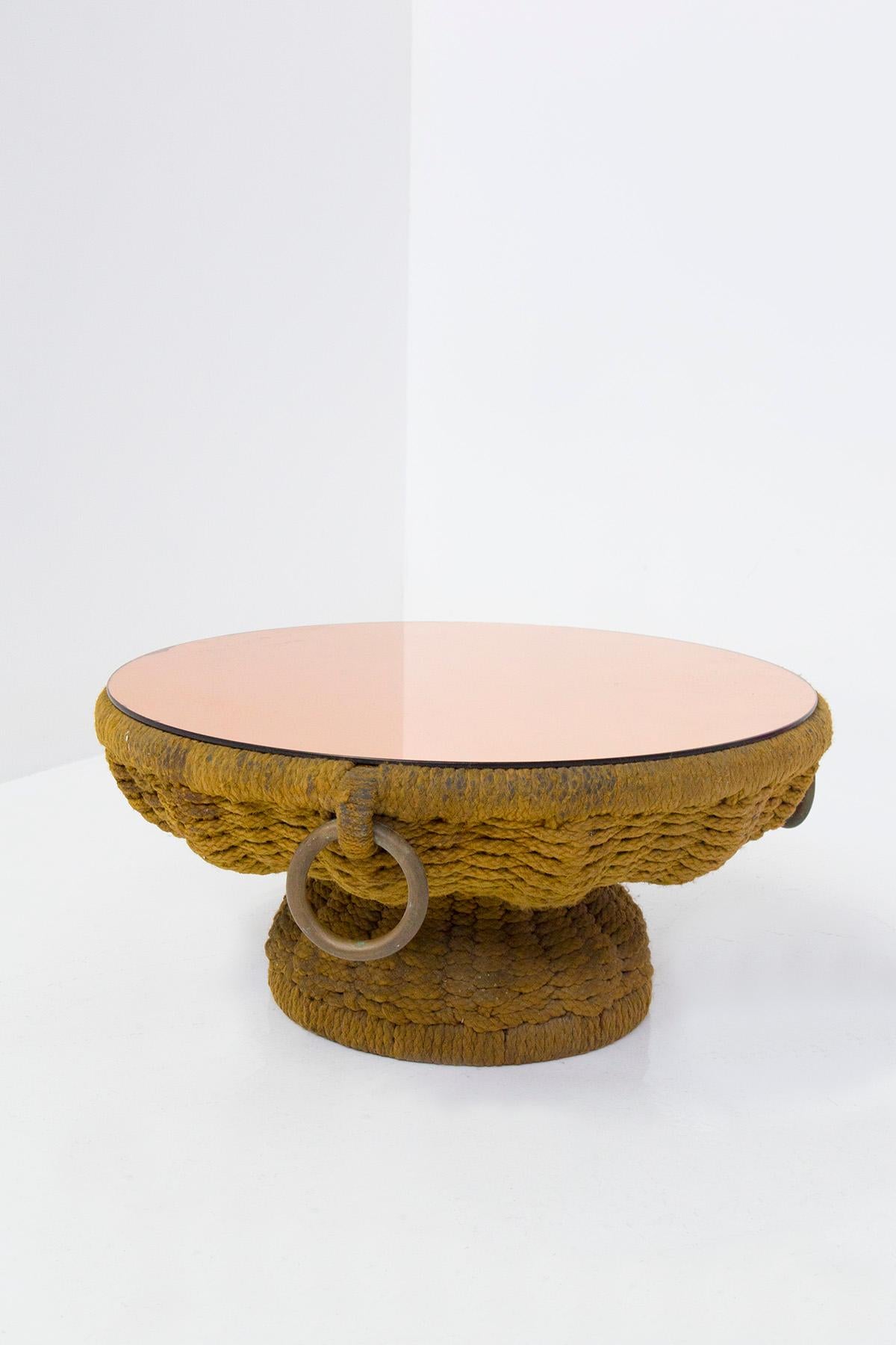 Important Marzio Cecchi Coffee Table in Rope and Pink Mirror For Sale 1