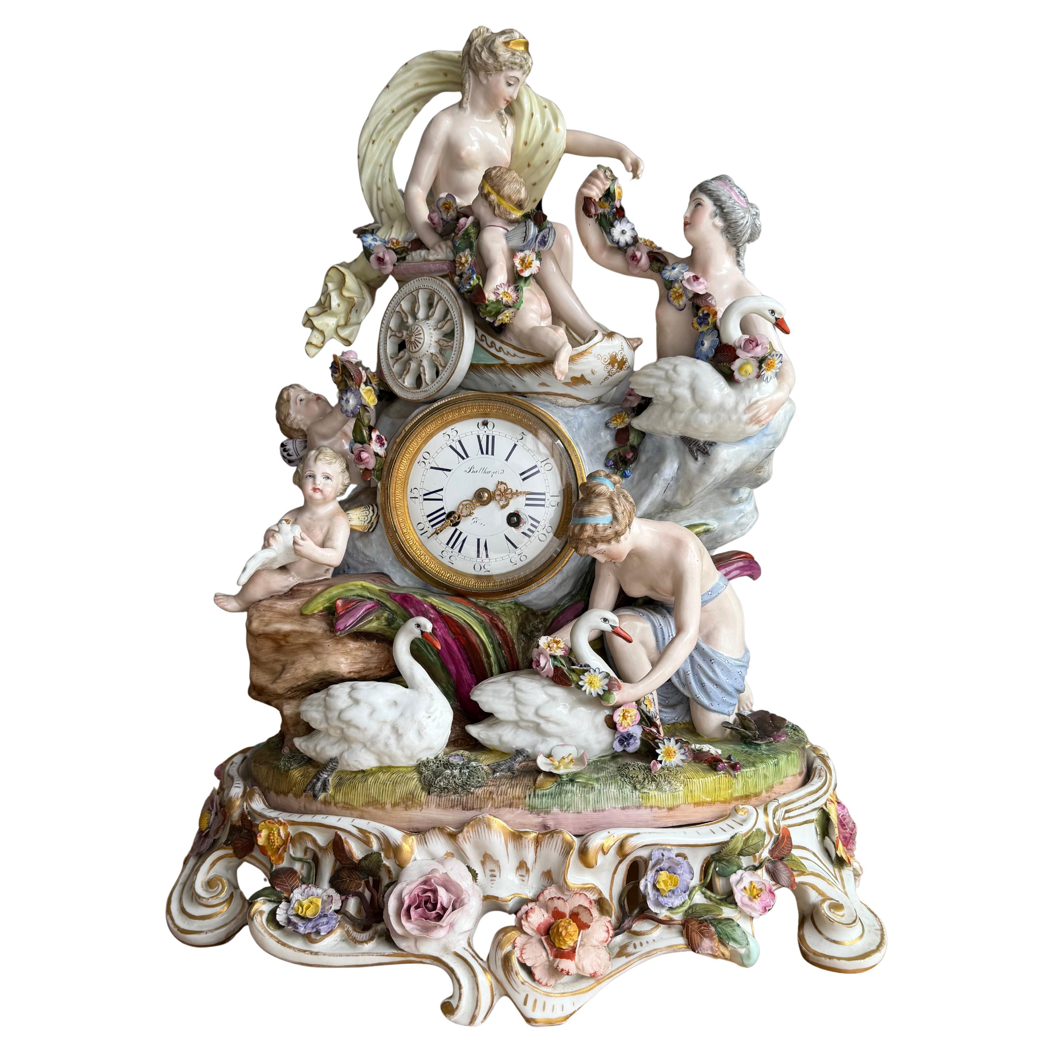 Important Meissen Porcelain Figural Clock Group on Original Marked Plinth