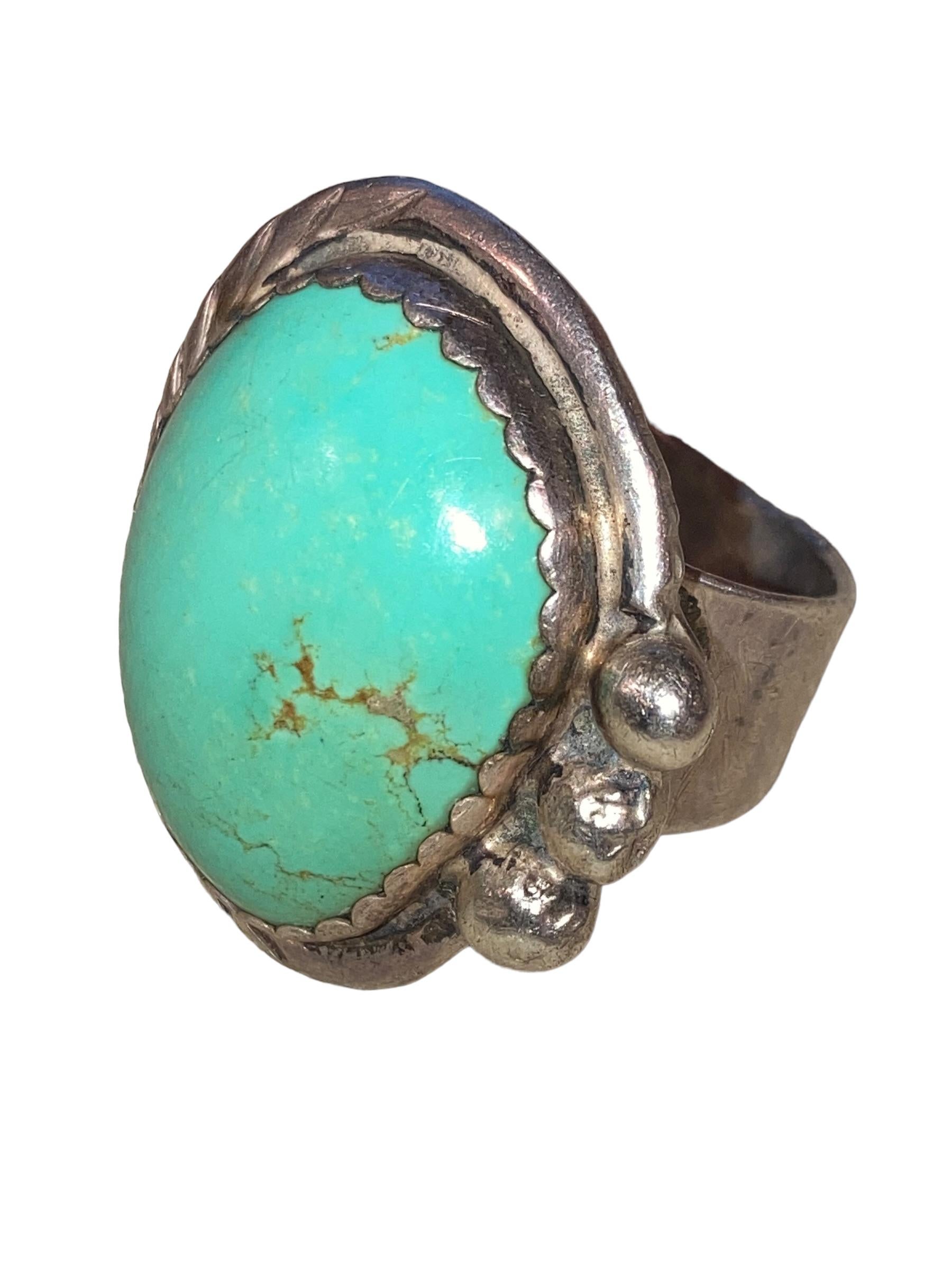 Important Men's Native American Sterling Silver Bird's Eye Turquoise Navajo Ring 1