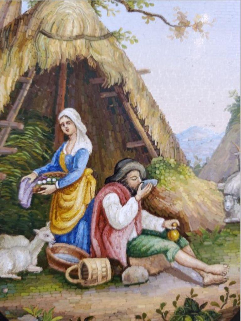 Wichtiges Mikromosaik, das eine pastorale Szene mit Frau, Mann und Schaf darstellt  im Angebot 1