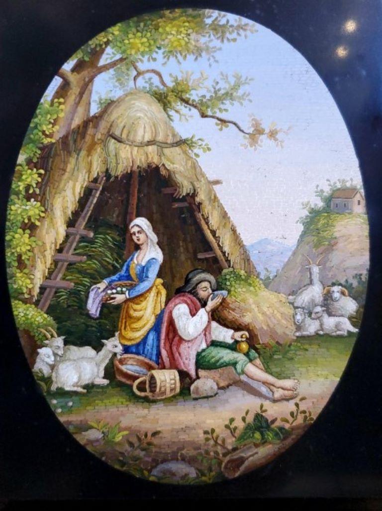 Importante micromosaïque représentant une scène pastorale avec femme, homme et mouton  en vente 2