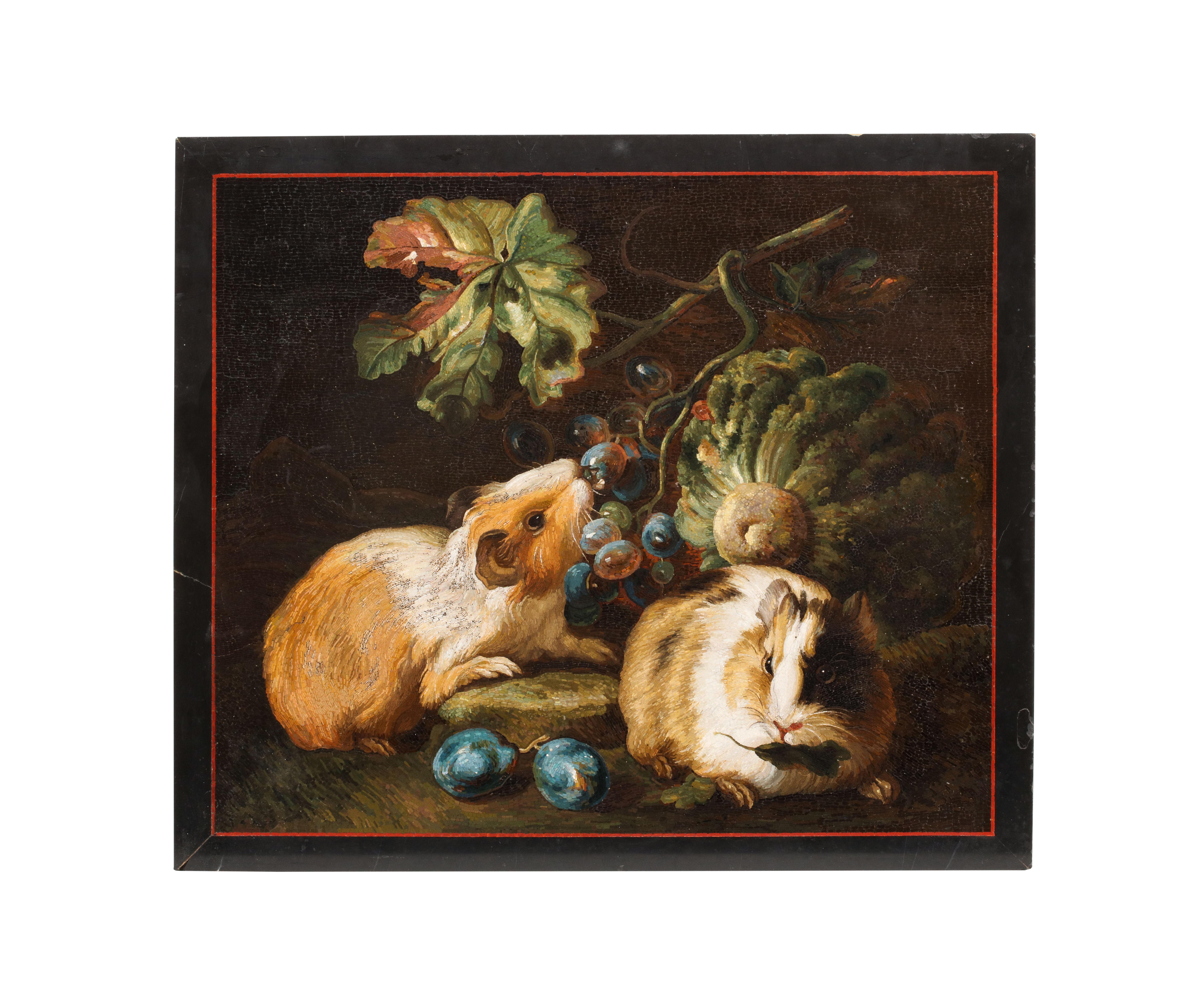 An important Micromosaic of two guinea Pigs eating cabbage and grapes, 
By Antonio Aguatti or Giacomo Raffaelli
With red mosaic outline and black marble border, backed with an iron-inset white marble slab bearing the inscription to Giacomo