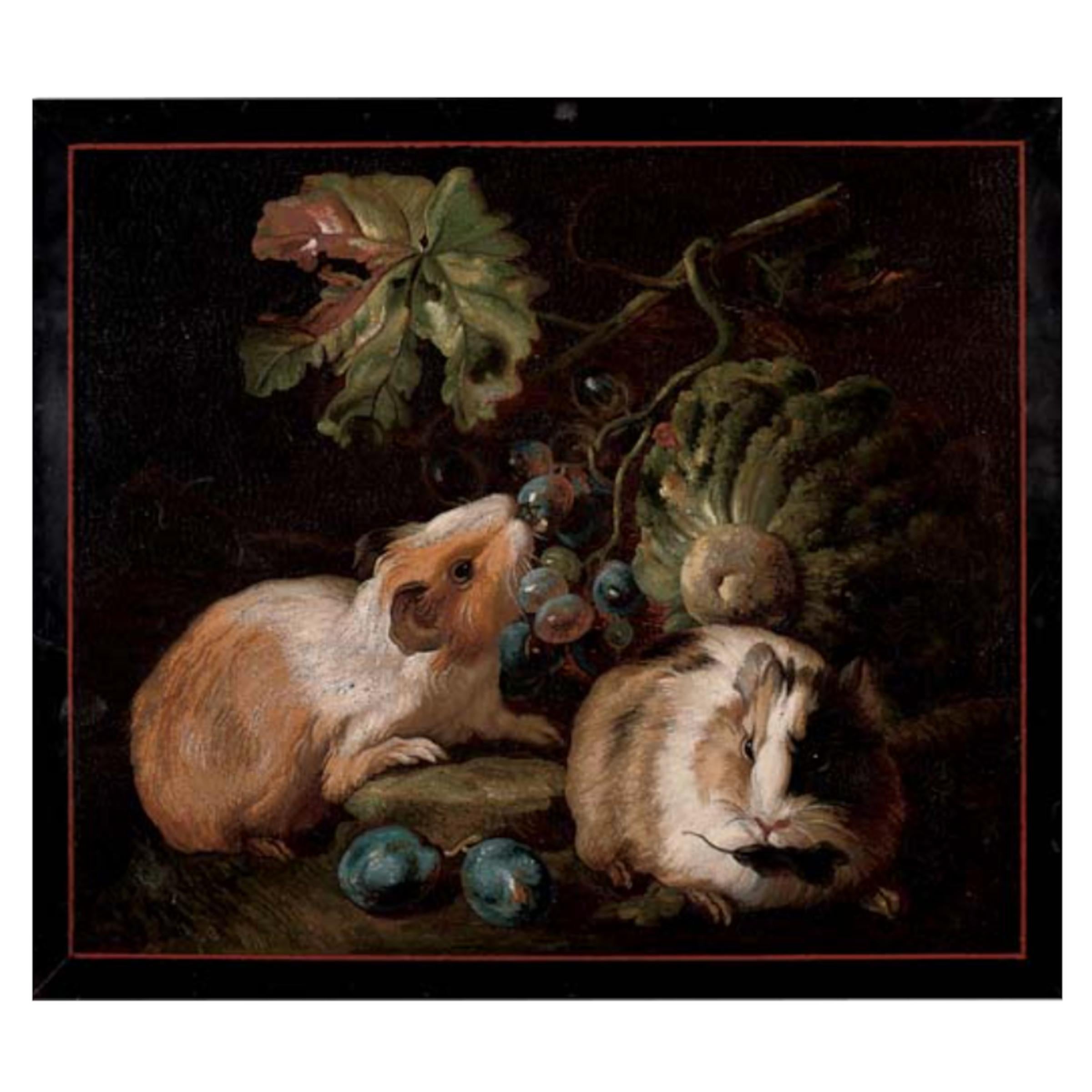 European Important Micromosaic of Two Guinea Pigs Eating Cabbage and Grapes