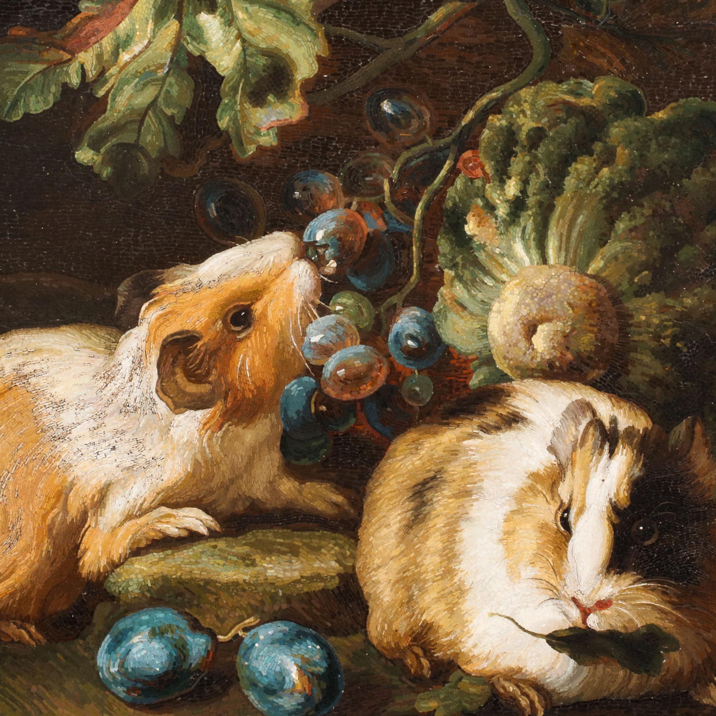 Stone Important Micromosaic of Two Guinea Pigs Eating Cabbage and Grapes