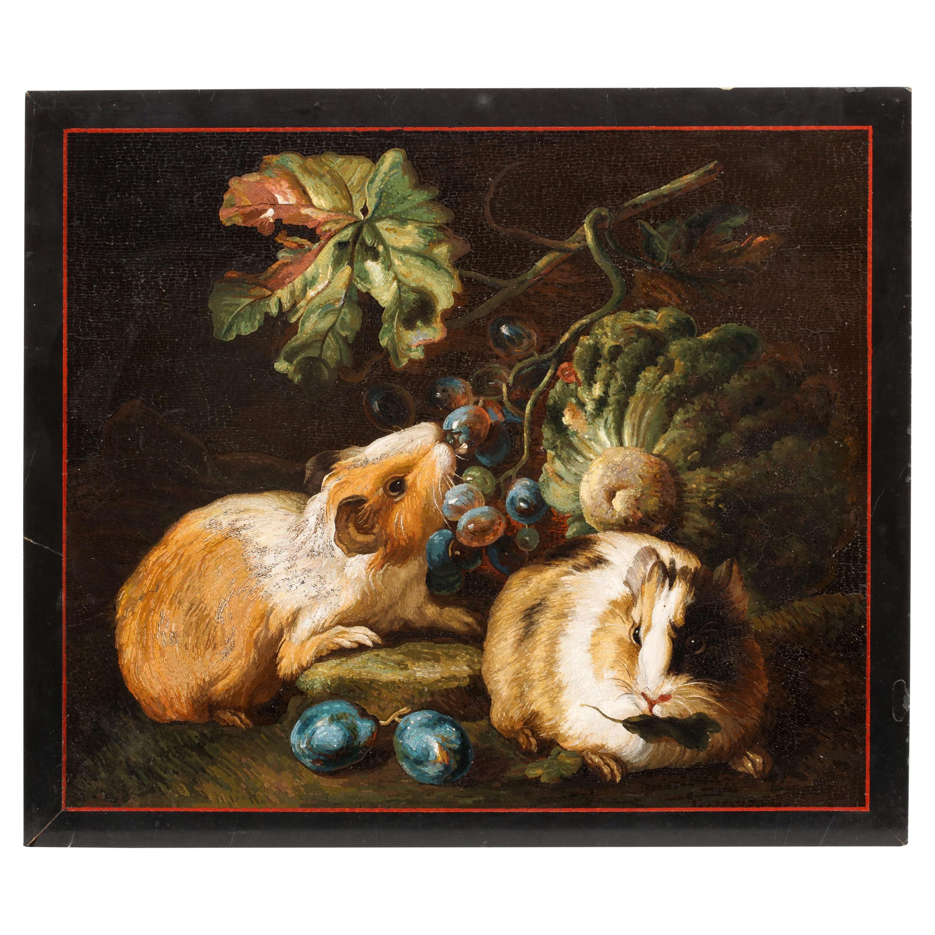 Important Micromosaic of Two Guinea Pigs Eating Cabbage and Grapes