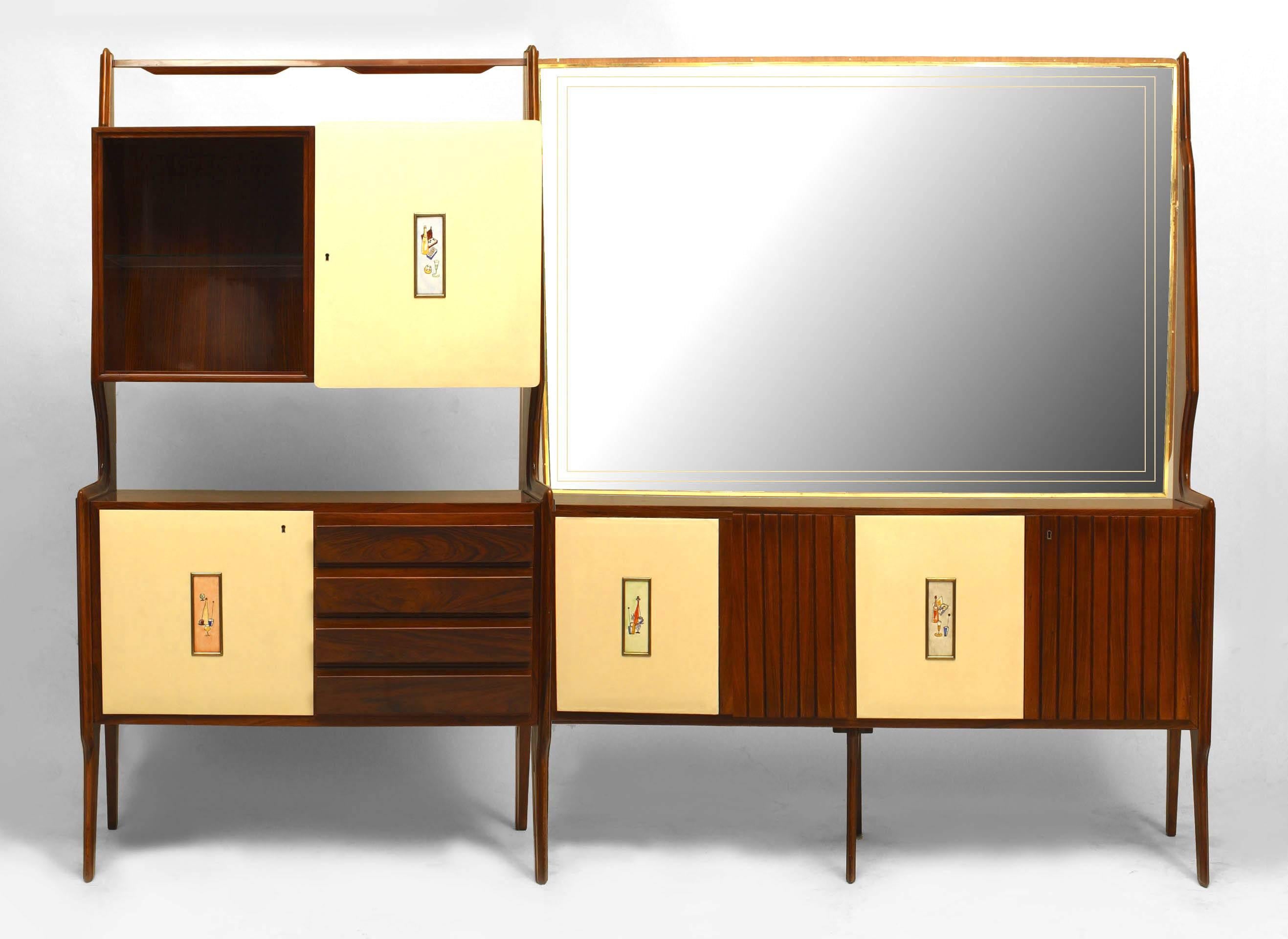 Italian Post-War Design (1950s) rosewood and mahogany wall unit bar with 3 lower commodes and upper cabinet decorative tiles on white lacquered doors and a large mirror (att: GIO PONTI)
