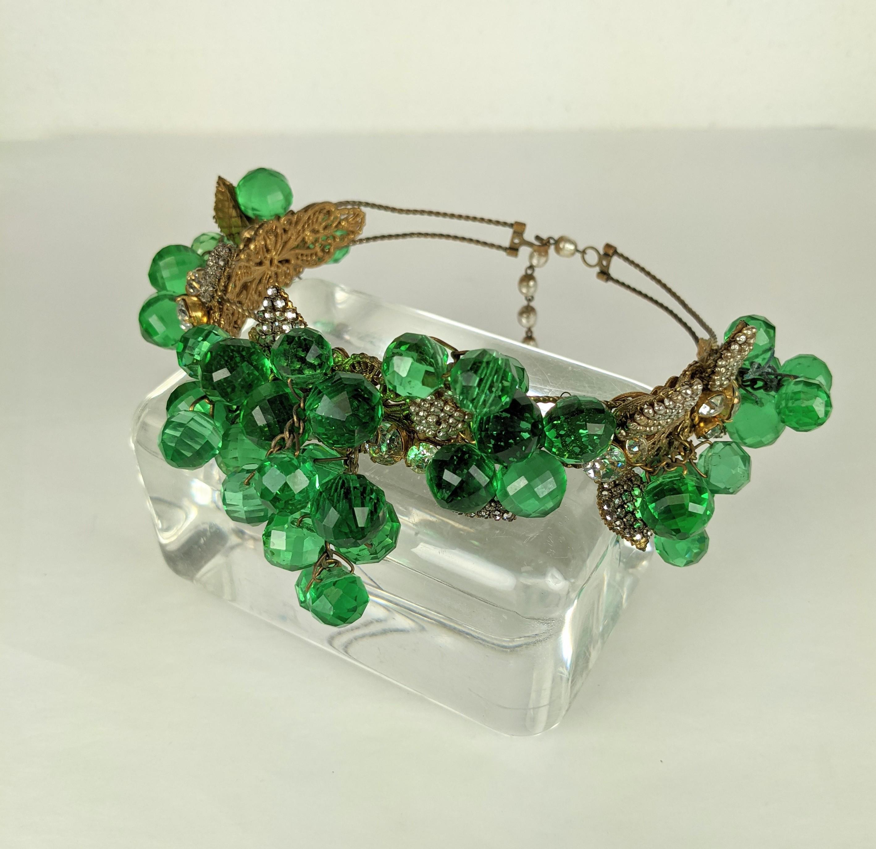 Rare and important Miriam Haskell Massive Pale Emerald Bead and Crystal Collar set with pave rose montee and faux pearl beaded and embroidered leaves with large pale emerald faceted cluster beads in a grape cluster formation. Can also be used as a