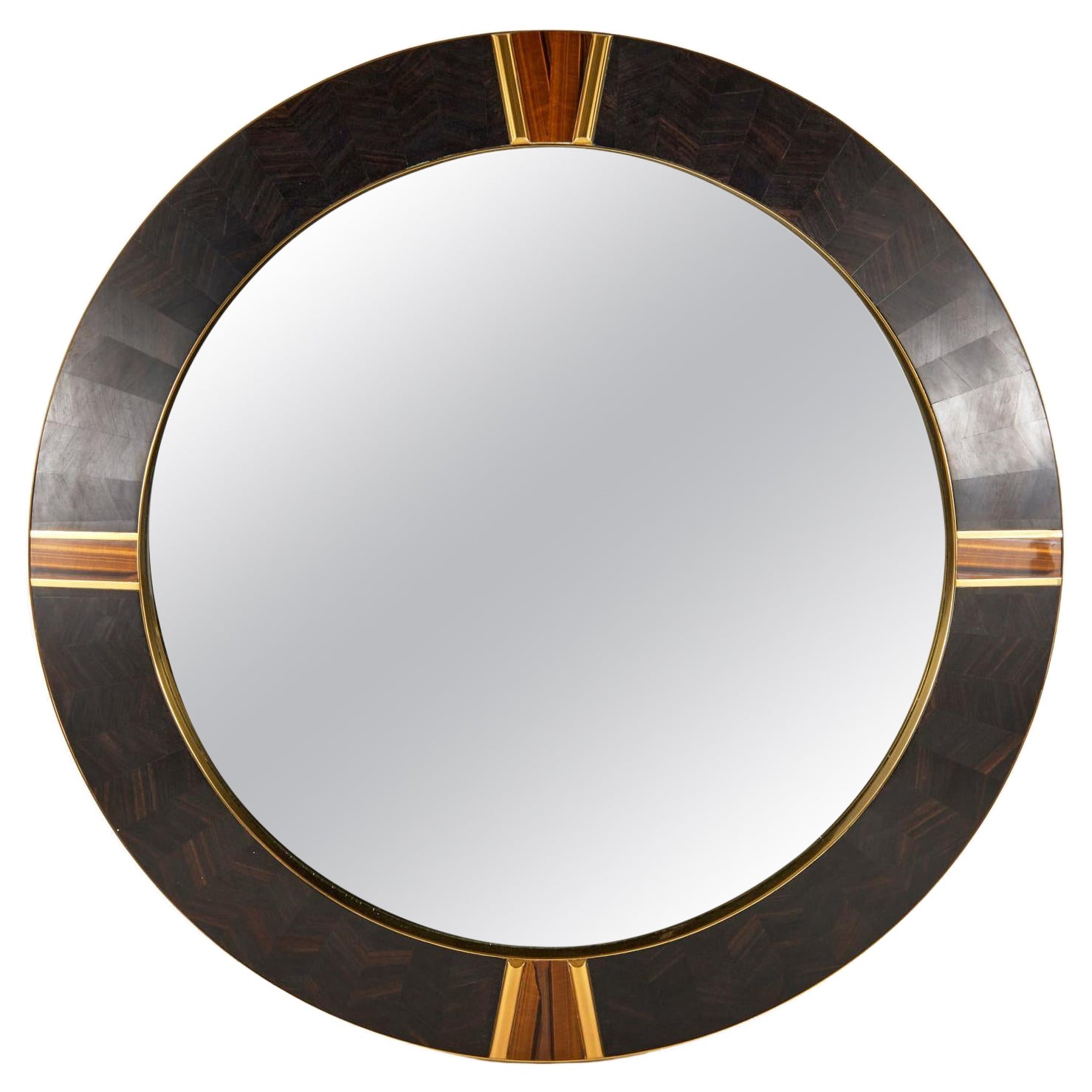 Important miroir circulaire moderniste incrusté d'incrustations de détails en pierre d'œil de tigre