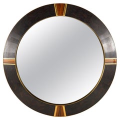Important miroir circulaire moderniste incrusté d'incrustations de détails en pierre d'œil de tigre