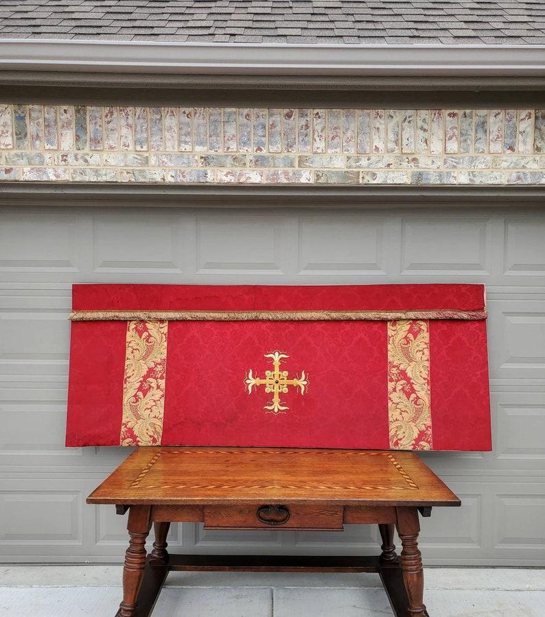 A magnificent Italian church antependium altar frontal, acquired from the estate of the iconic American oil tycoon, T. Boone Pickens. The last photo shows a second altar frontal we have available from the same estate. 

The monumental sized