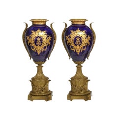 Important Monumental Sèvres-Style Cobalt & Ormolu Porcelain Urns