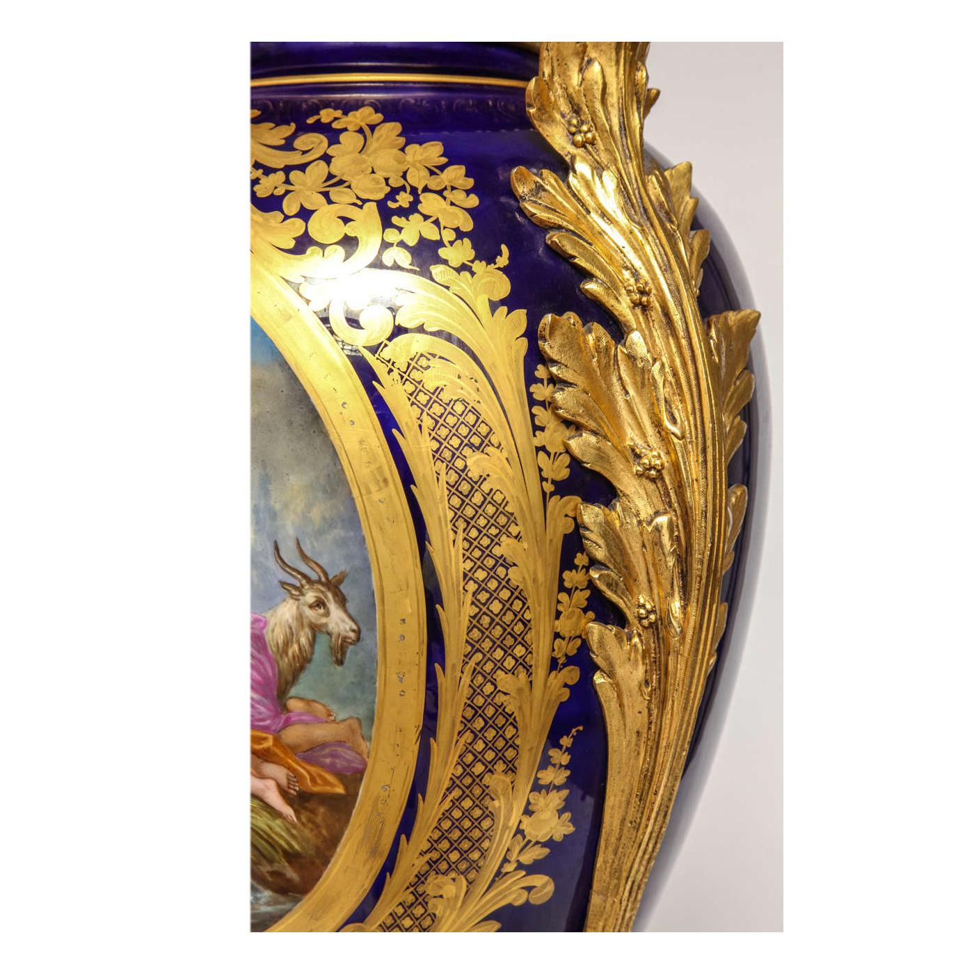 Rococo Important Monumental Sèvres-Style Cobalt & Ormolu Porcelain Urns For Sale