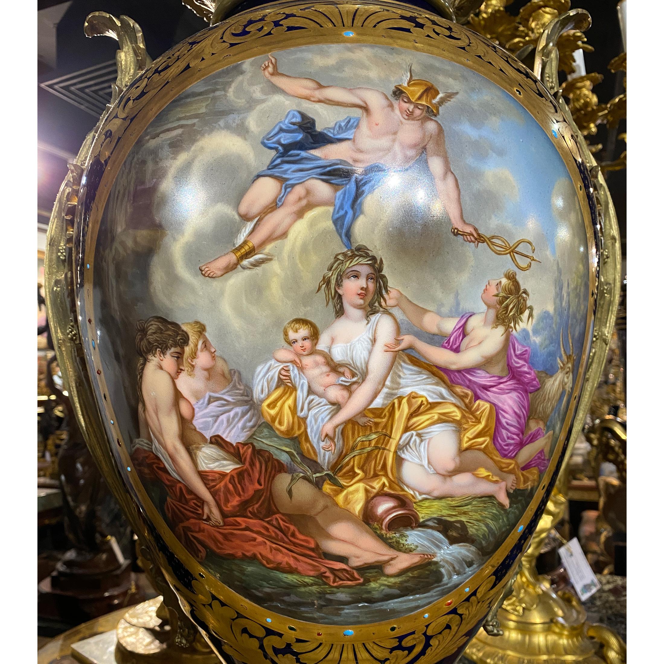 Glazed Important Monumental Sèvres-Style Cobalt & Ormolu Porcelain Urns For Sale