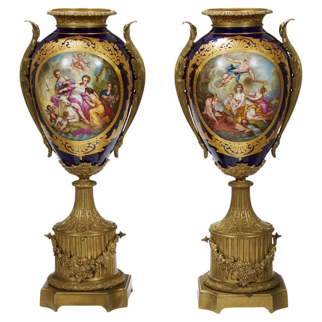 Important Monumental Sèvres-Style Cobalt & Ormolu Porcelain Urns For Sale
