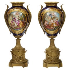 Important Monumental Sèvres-Style Cobalt & Ormolu Porcelain Urns