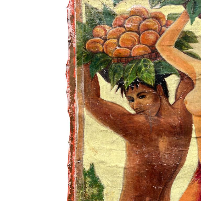 Tela Importante dipinto monumentale d'arte popolare d'epoca raffigurante una vivace scena di raccolto - Messico in vendita