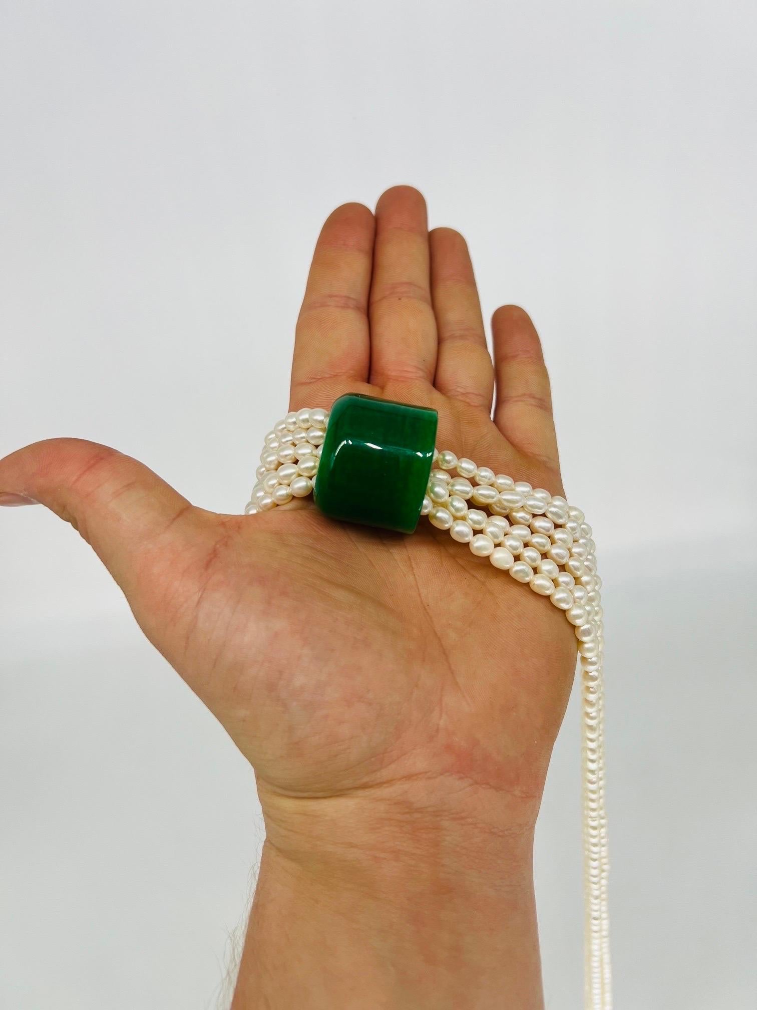20th Century Important Multi-stranded Pearl & Jade Open Work Necklace For Sale