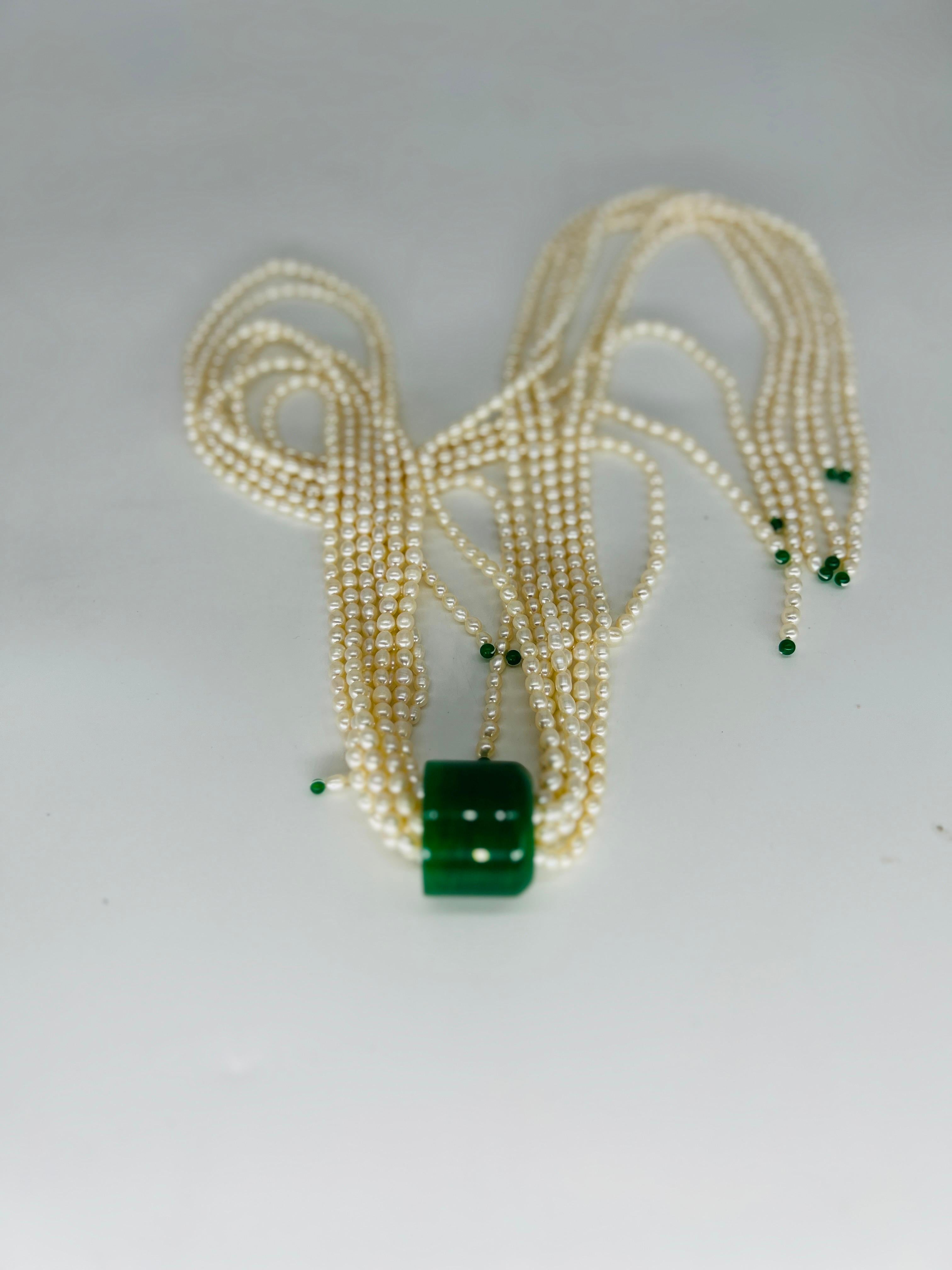 Important Multi-stranded Pearl & Jade Open Work Necklace For Sale 1