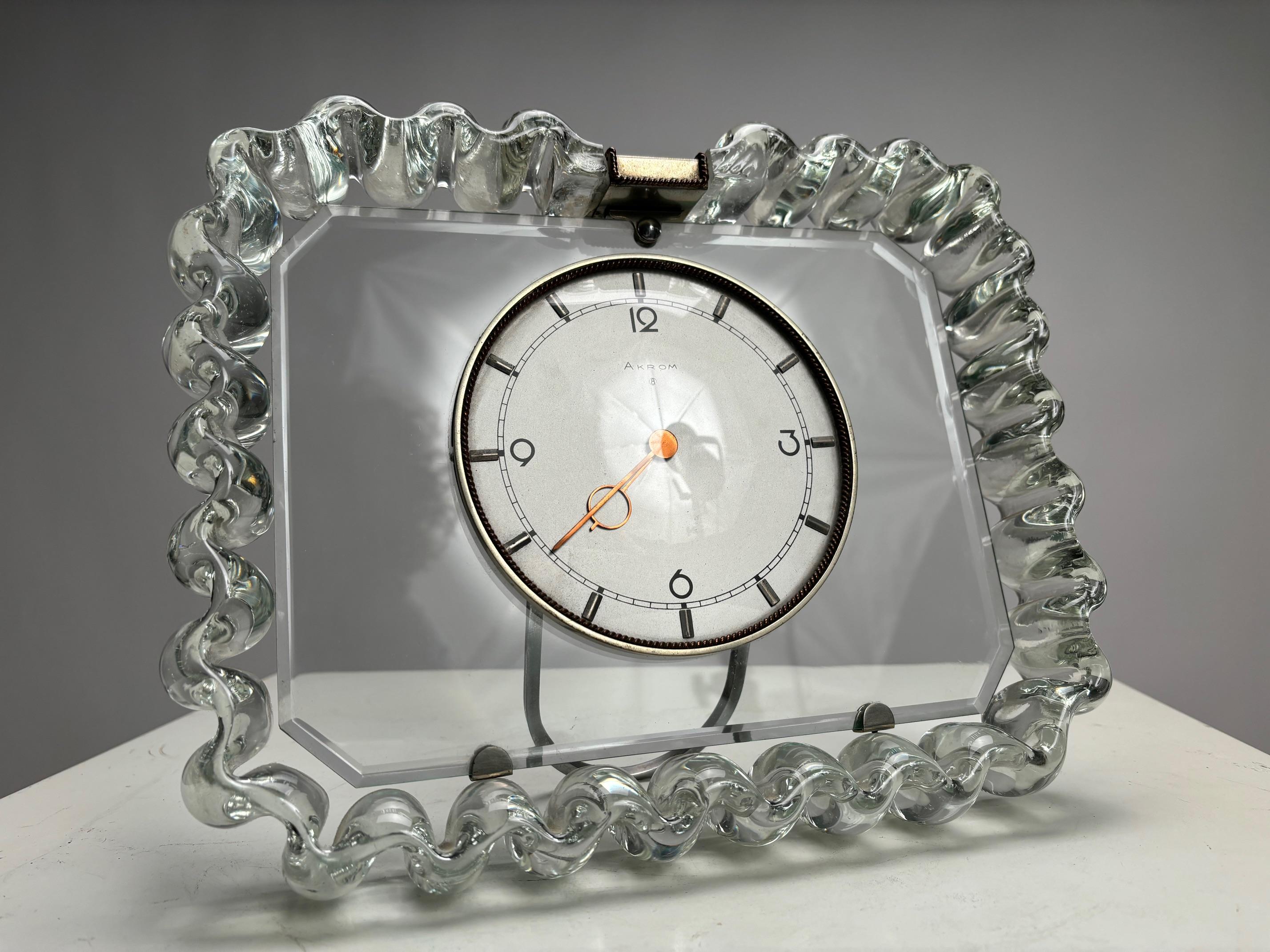 Mid-Century Modern Important Murano glass table clock with Venini frame, Italy, 1950s For Sale