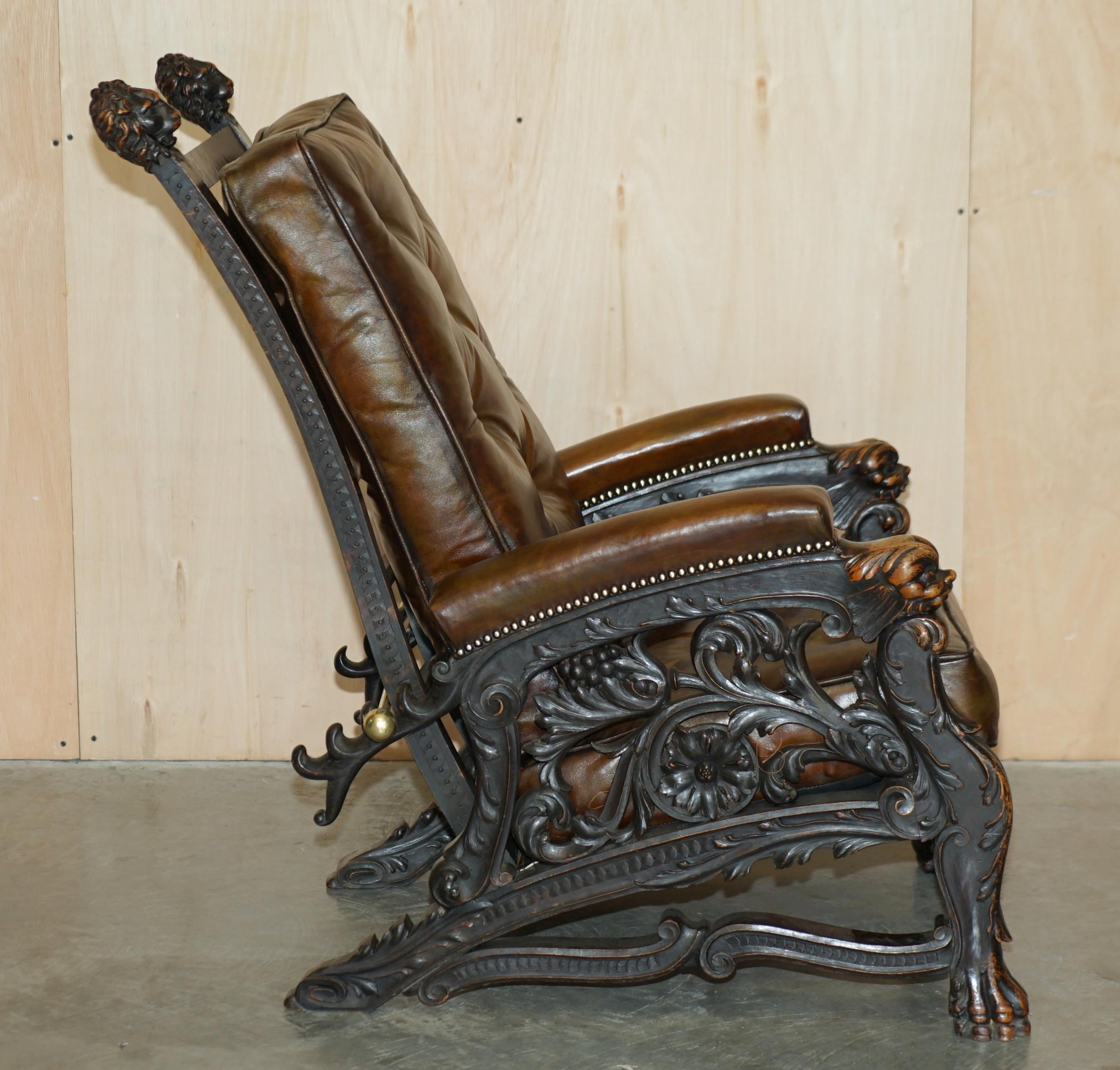 Important Museum Quality Antique Victorian Hand Carved Lion Reclining Armchair 5