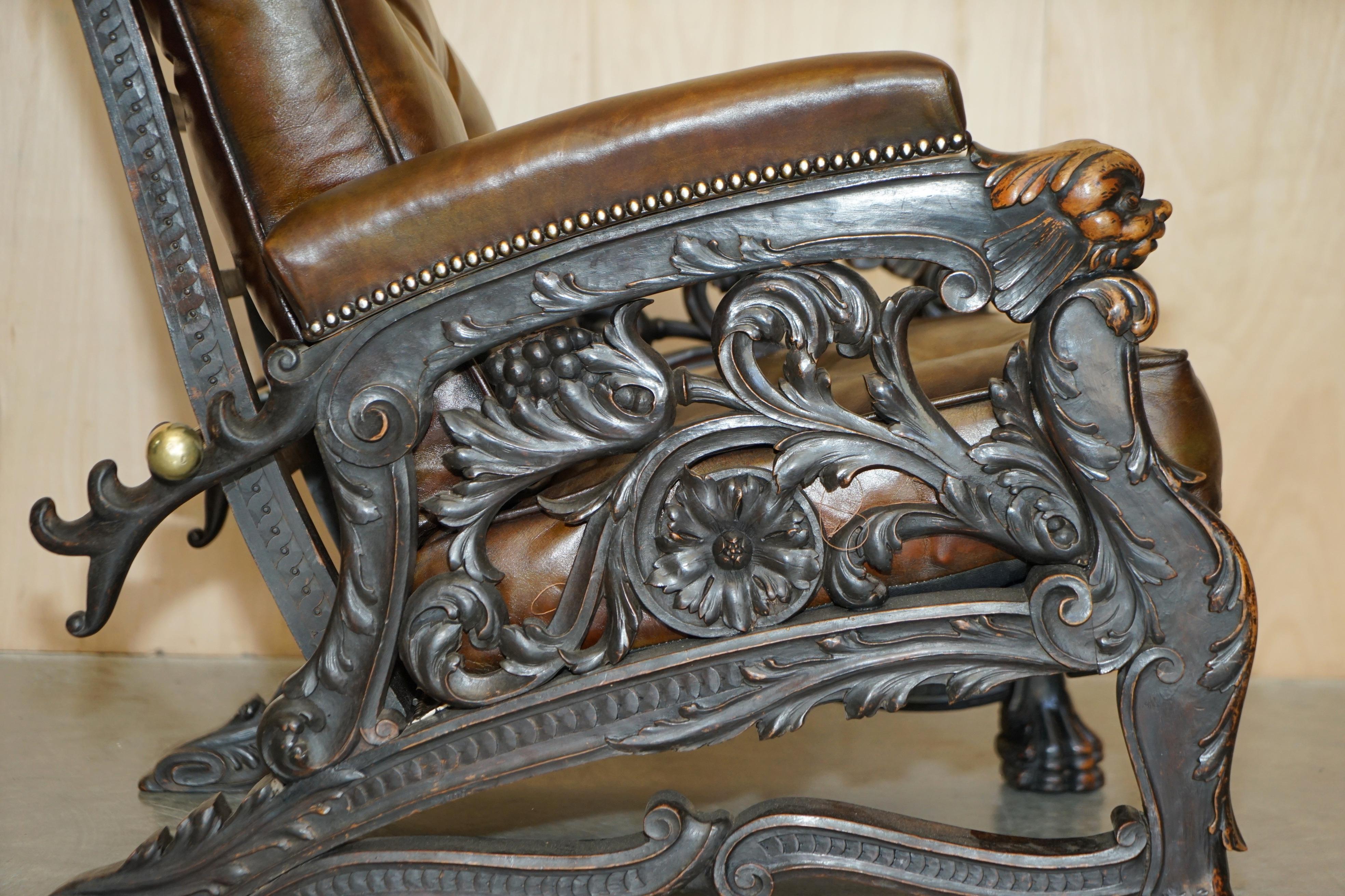 Important Museum Quality Antique Victorian Hand Carved Lion Reclining Armchair 6