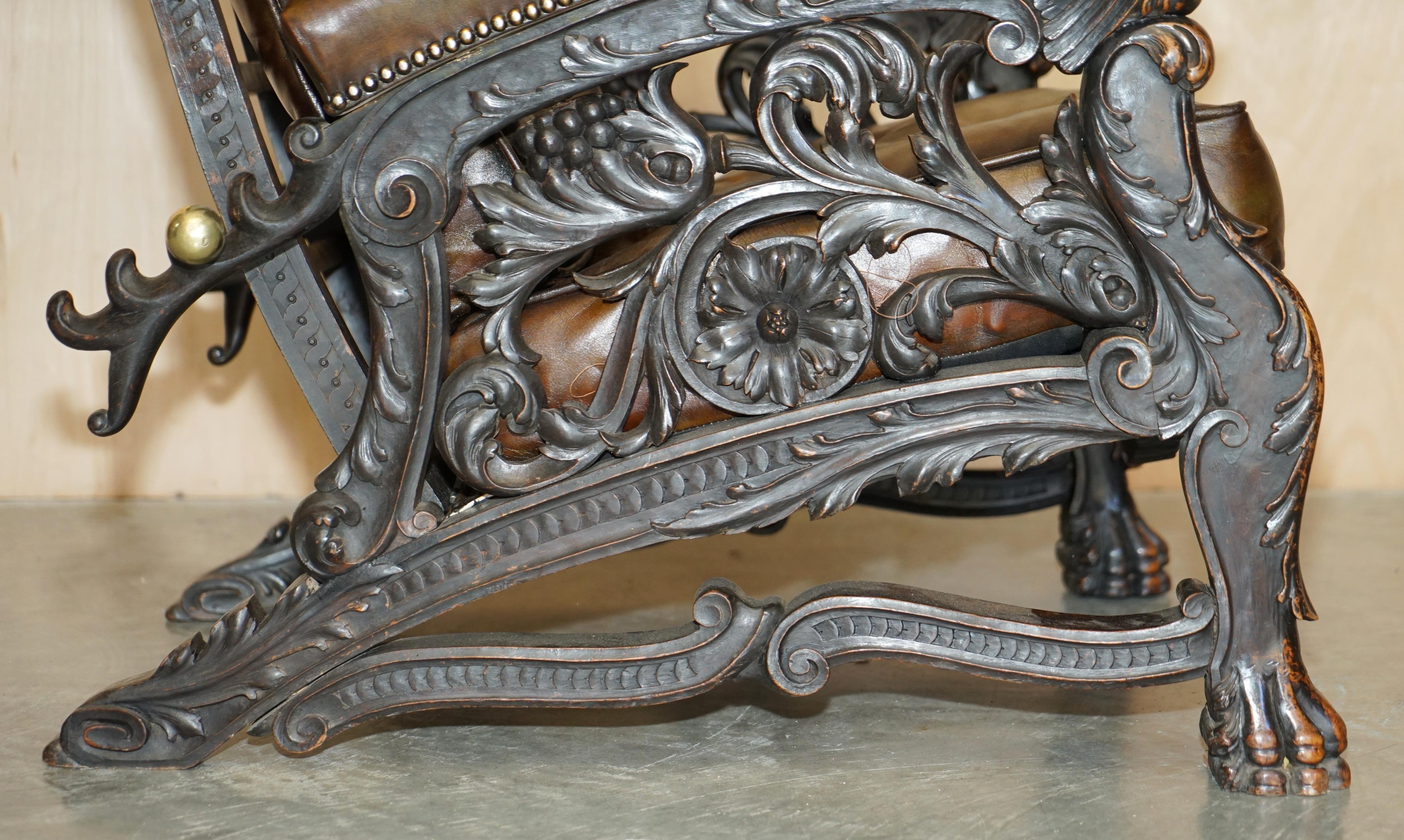 Important Museum Quality Antique Victorian Hand Carved Lion Reclining Armchair 7