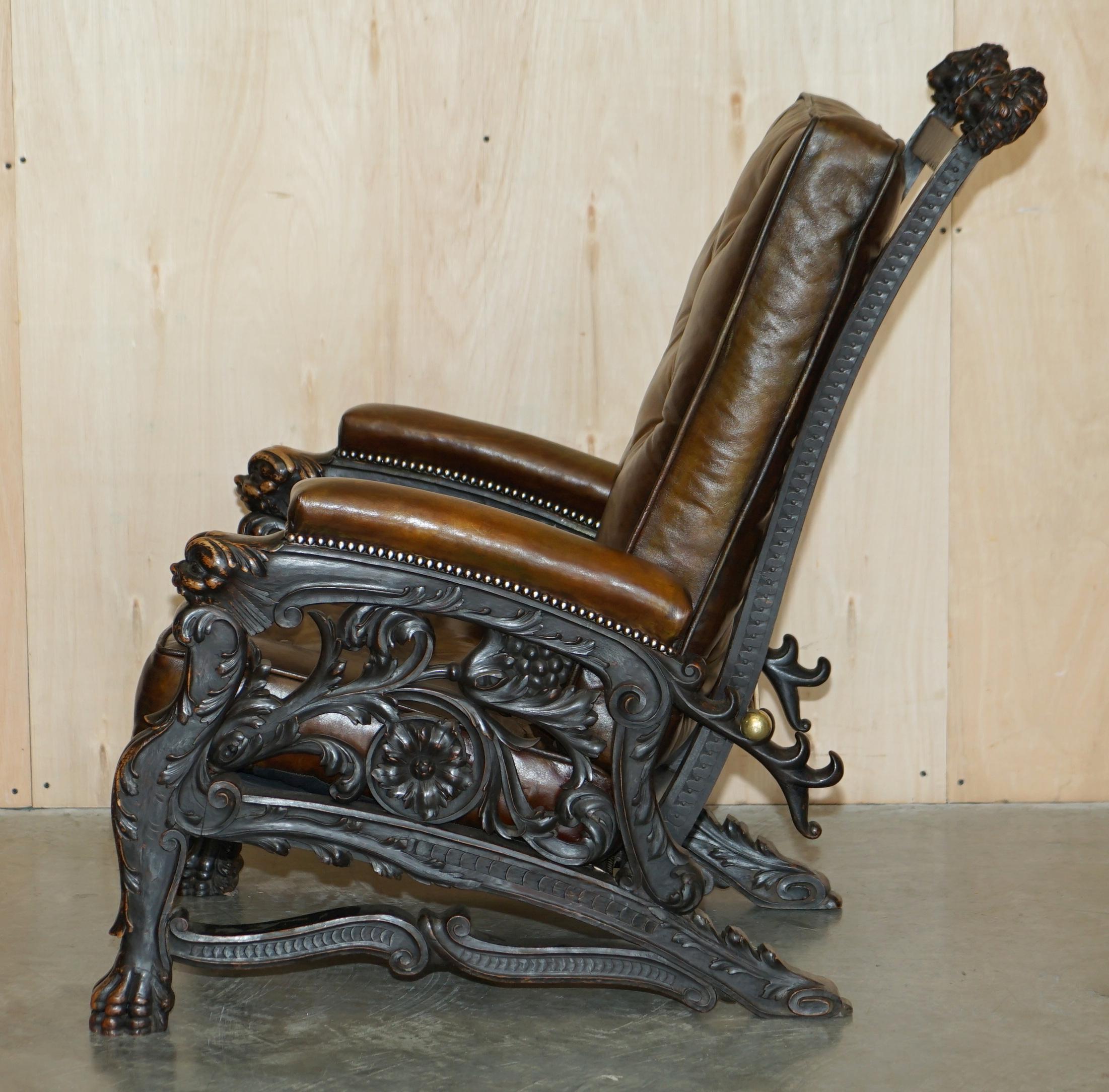 Important Museum Quality Antique Victorian Hand Carved Lion Reclining Armchair 13