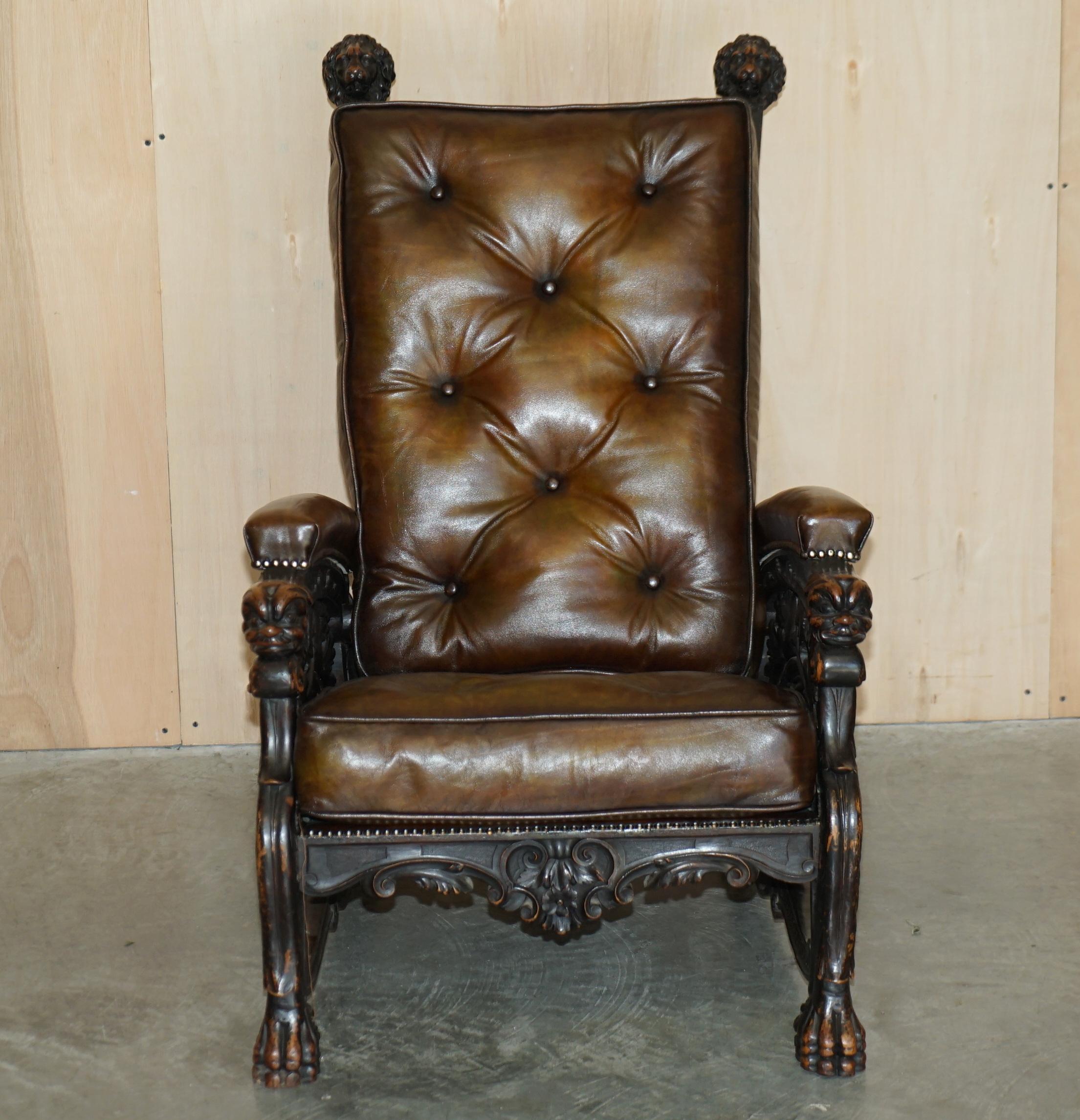 We are delighted to offer for sale this important, museum quality, hand carved, fully restored, antique Victorian library reading recliner armchair with new hand dyed Thomas Chippendale floating button leather cushions. 

This is truly an amazing