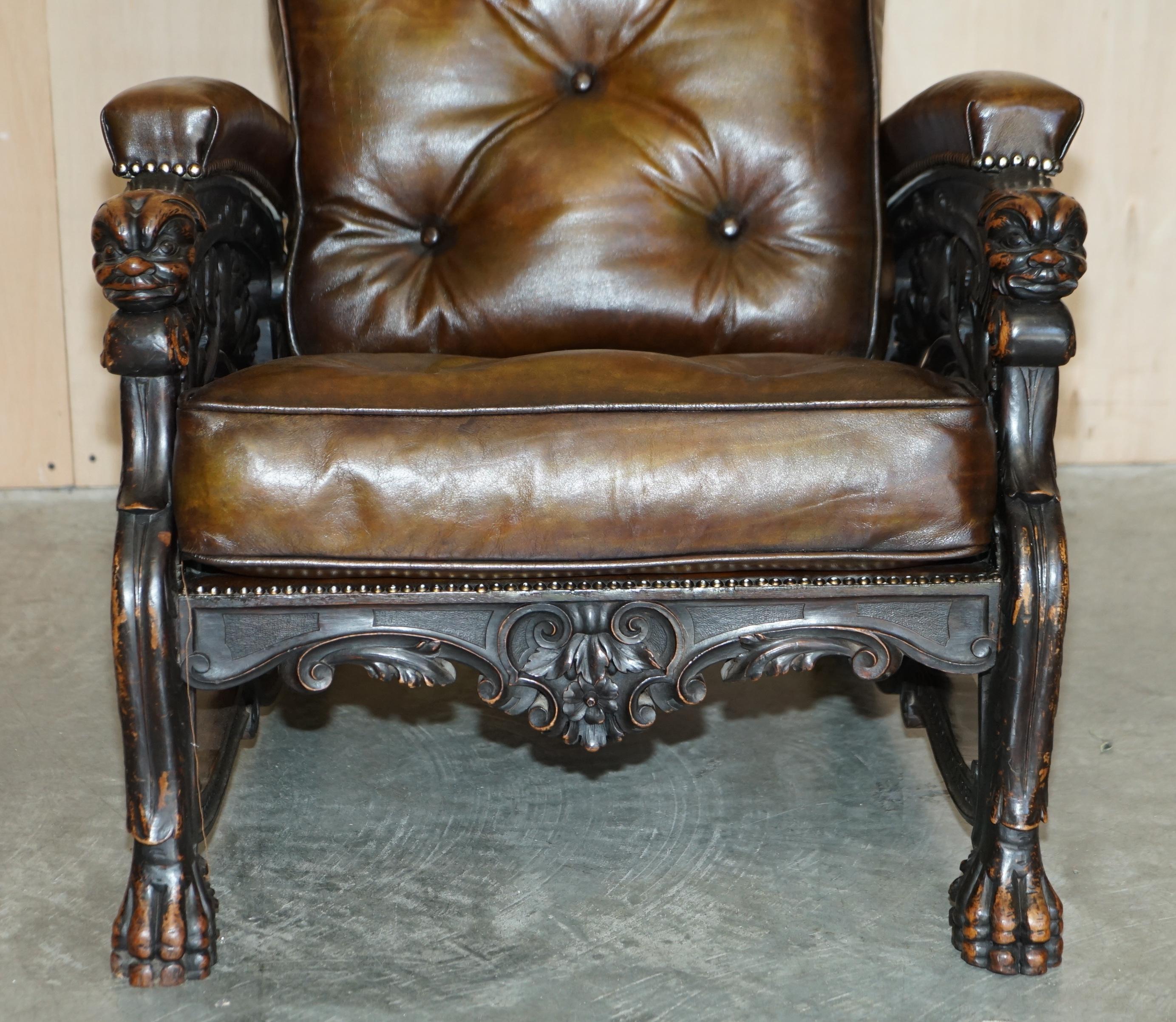 Hand-Carved Important Museum Quality Antique Victorian Hand Carved Lion Reclining Armchair