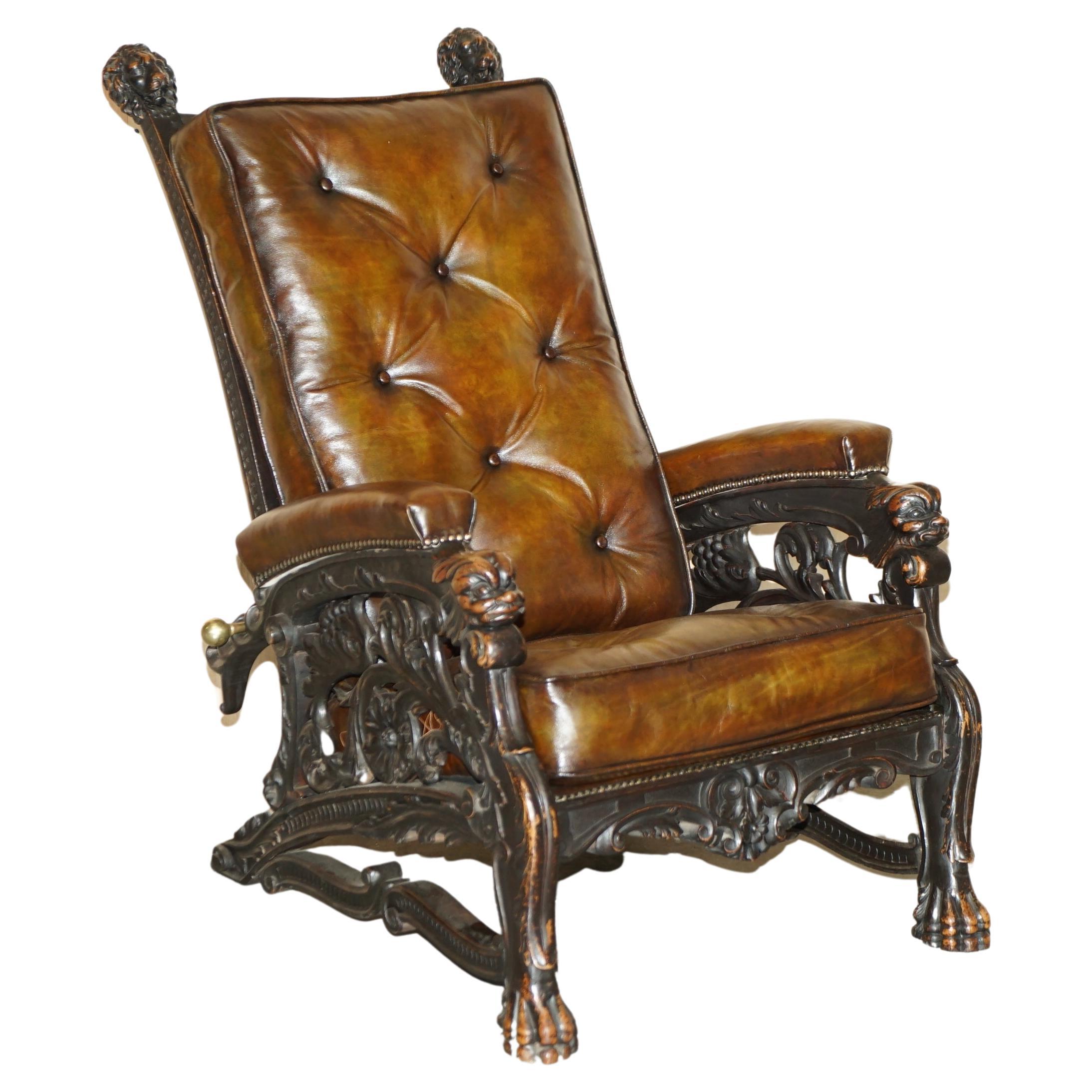 Important Museum Quality Antique Victorian Hand Carved Lion Reclining Armchair