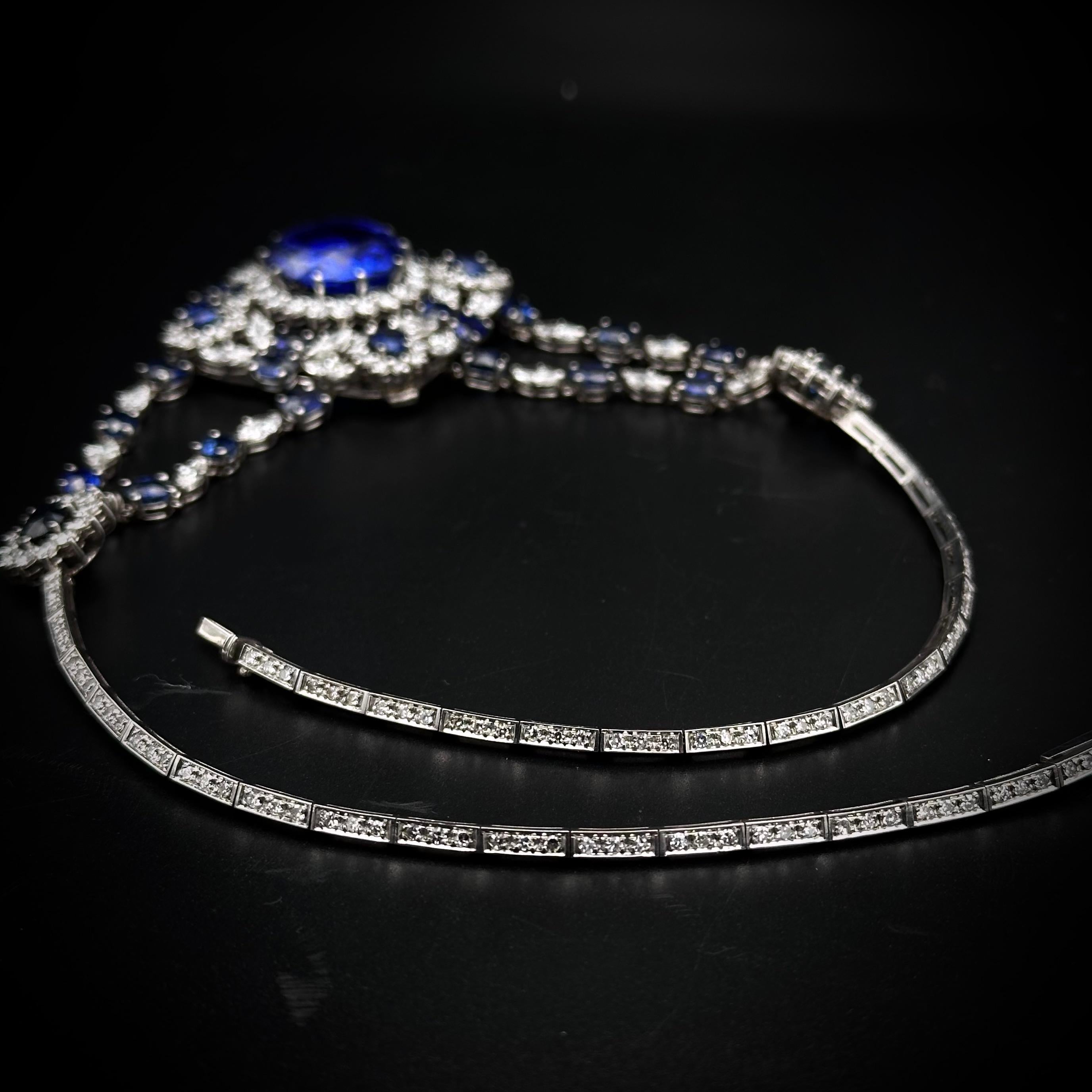 Women's Important Natural 23 Carat Ceylon Sapphire Diamond Necklace 1950s Provenance For Sale