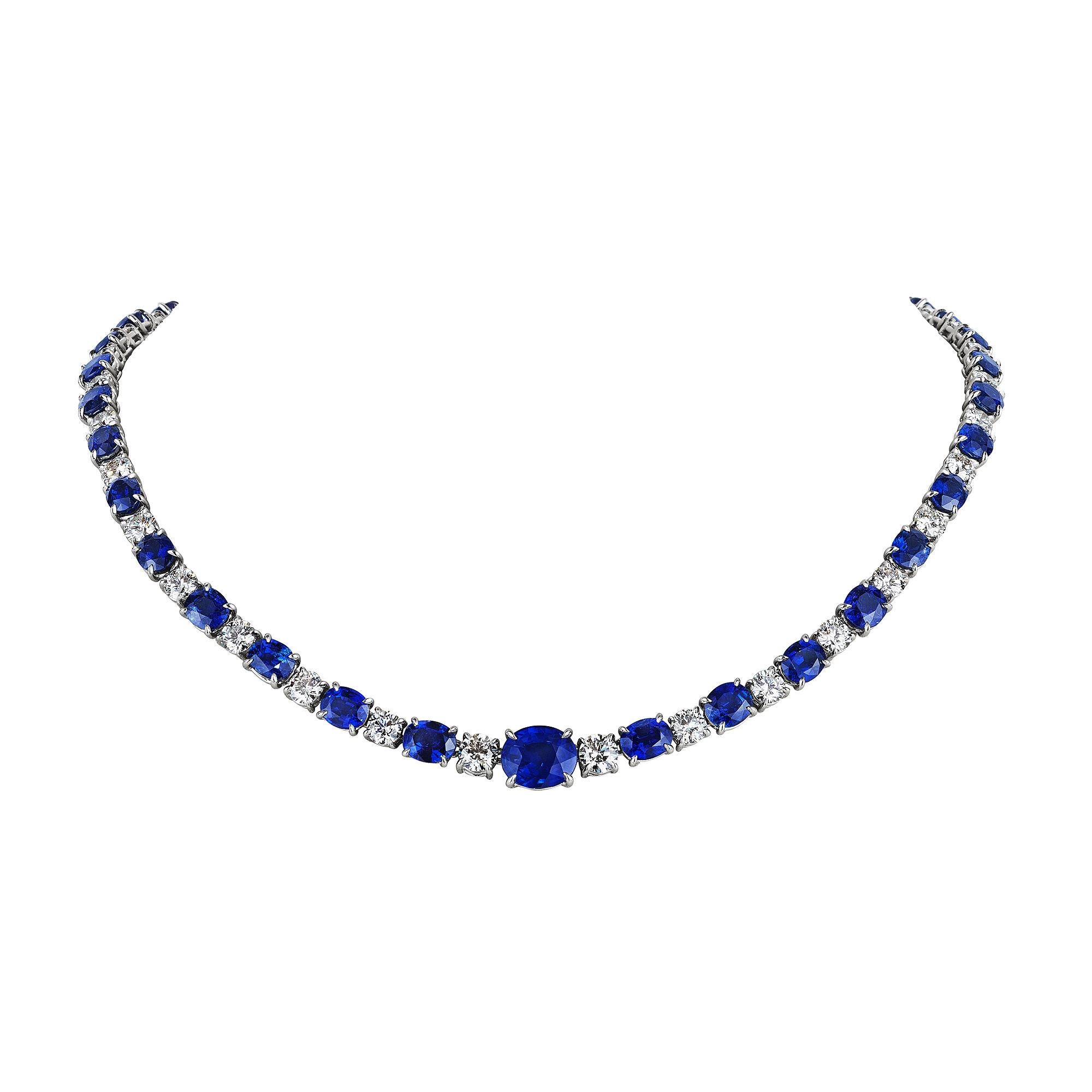 Surround yourself with the utmost in luxury and elegance with this Natural Burmese no heat oval cut sapphire and round cut diamond platinum necklace.  With 38 velvety deep blue sapphires alternating with 38 round brilliant ideal cut high color