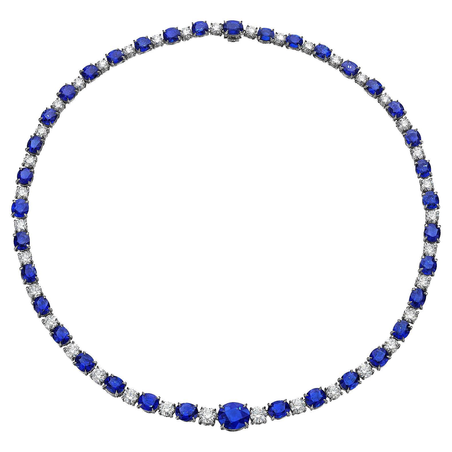 Important Natural Burmese Oval Cut Sapphire Round Cut Diamond Platinum Necklace