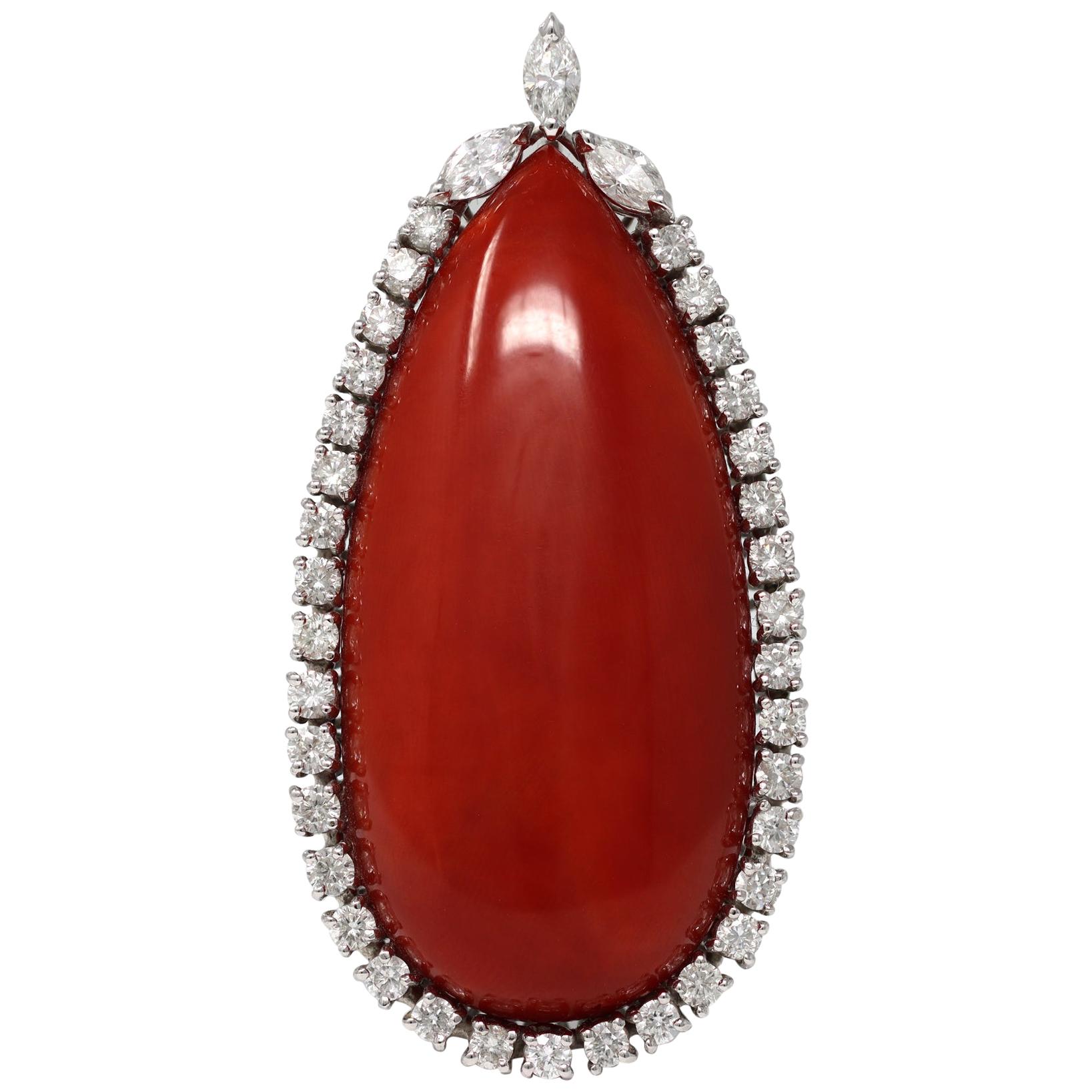 Important Natural Deep Red Coral and Diamonds Pendant, Circa 1970