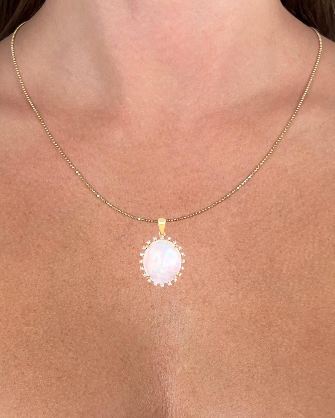 Contemporary Important Natural Ethiopian Opal Pendant Necklace Diamonds 17 Carats 14K Gold For Sale