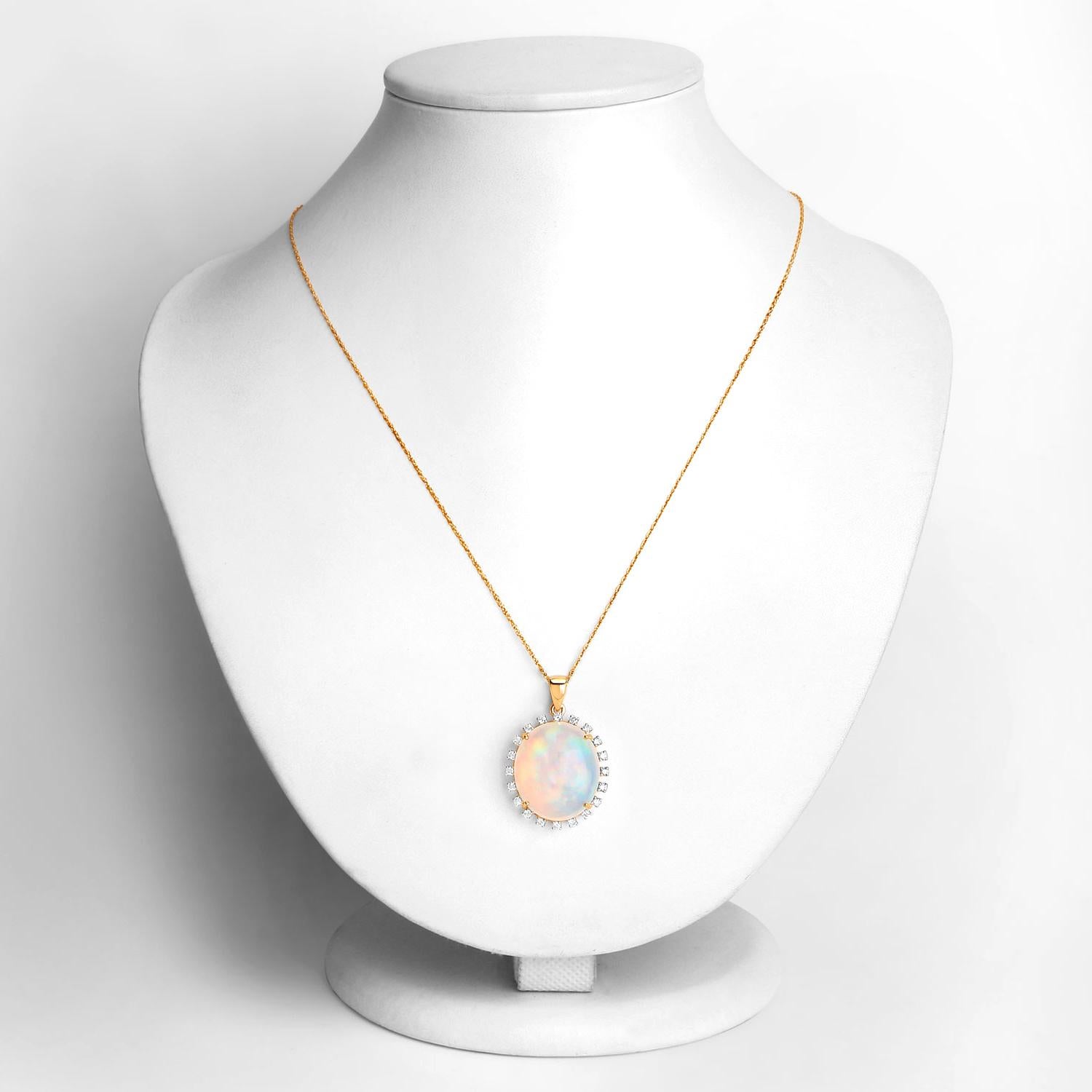 Cabochon Important Natural Ethiopian Opal Pendant Necklace Diamonds 17 Carats 14K Gold For Sale