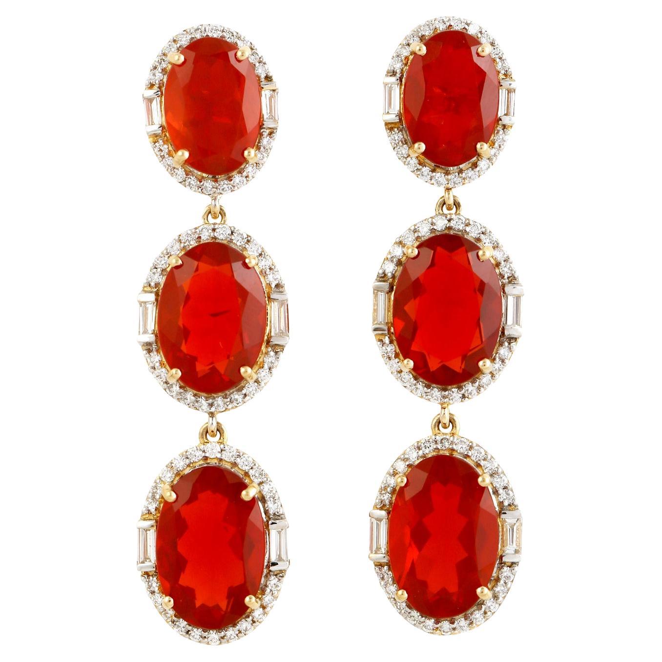 Important Natural Fire Opal Dangle Earrings Diamond Halo 18K Gold For Sale