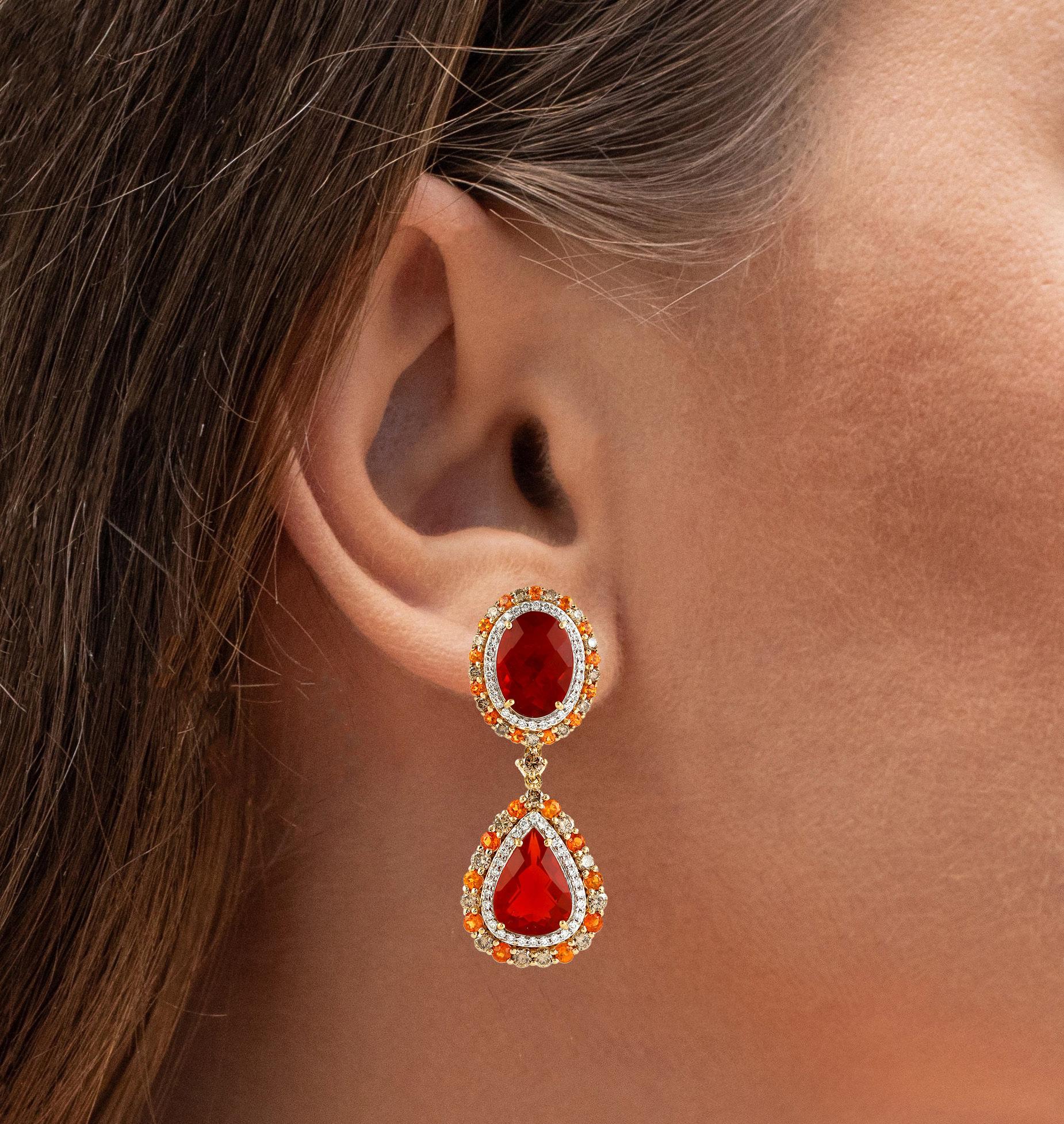 Contemporary Important Natural Fire Opal Dangle Earrings Garnets Diamonds 18K Gold For Sale