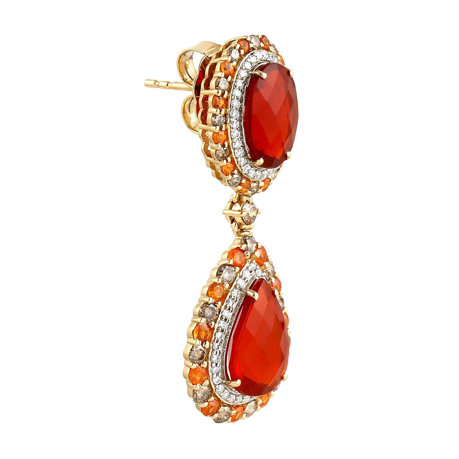 Mixed Cut Important Natural Fire Opal Dangle Earrings Garnets Diamonds 18K Gold For Sale